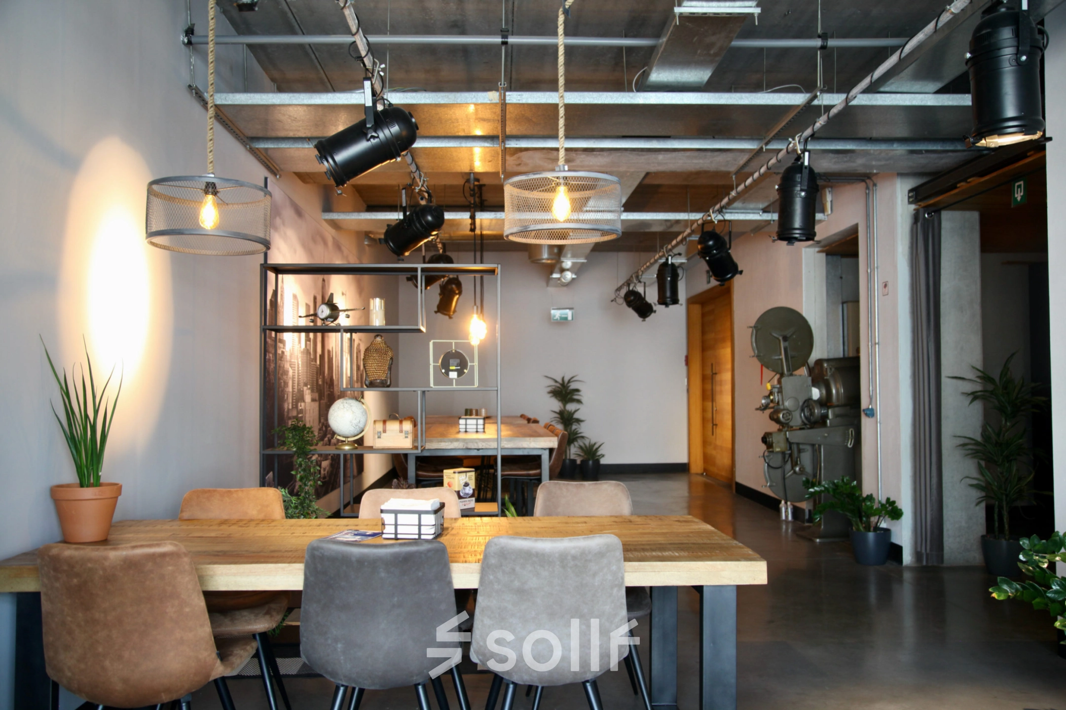 Moderne kantoorruimte te huur op Philipssite 5, Leuven, met stijlvolle verlichting, houten tafel en decoratieve planten, ideaal voor creatieve vergaderingen en samenwerking.