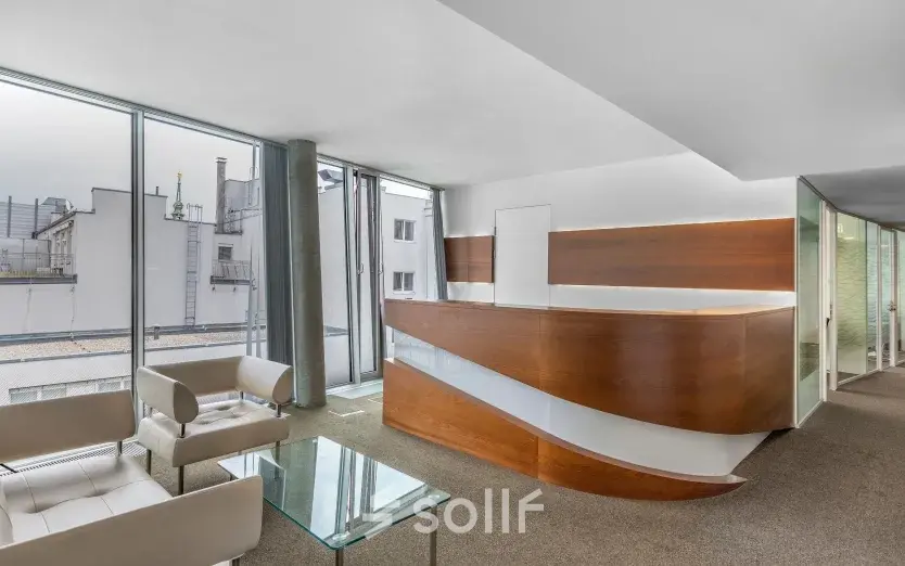 Modernes Büro in der Mariahilfer Straße 36, 1070 Wien mit Glastüren und stilvollen Empfangsmöbeln. Ideal, um Bürofläche zu mieten.