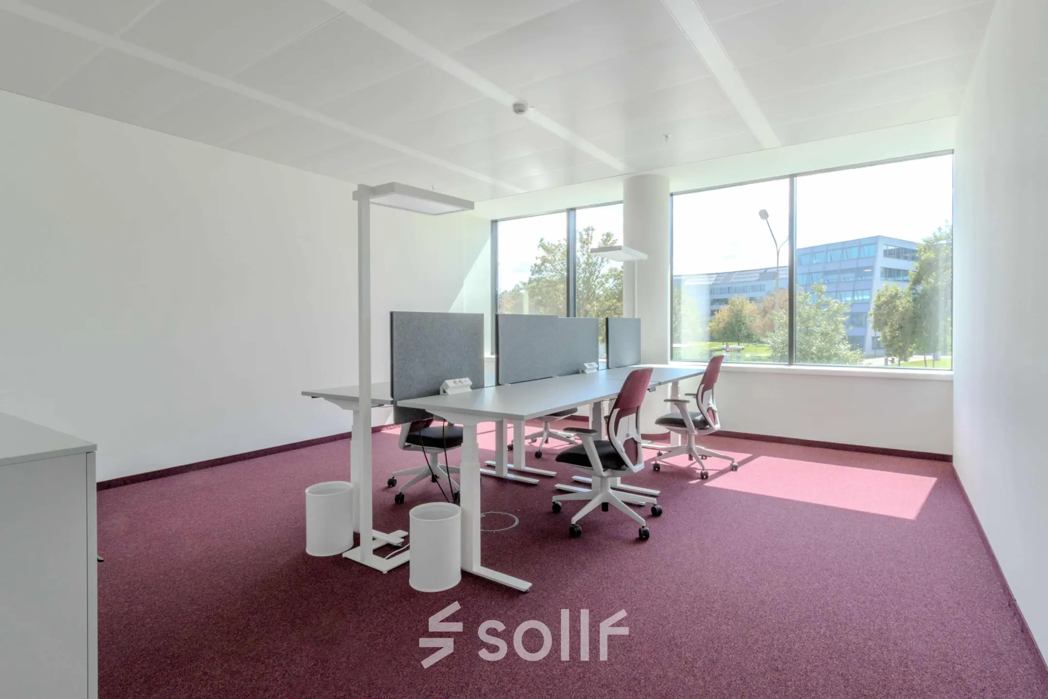 Helles Büro zur Miete in der Siemensstraße 89, 1210 Wien, mit modernen Schreibtischen und ergonomischen Stühlen vor großen Fenstern.