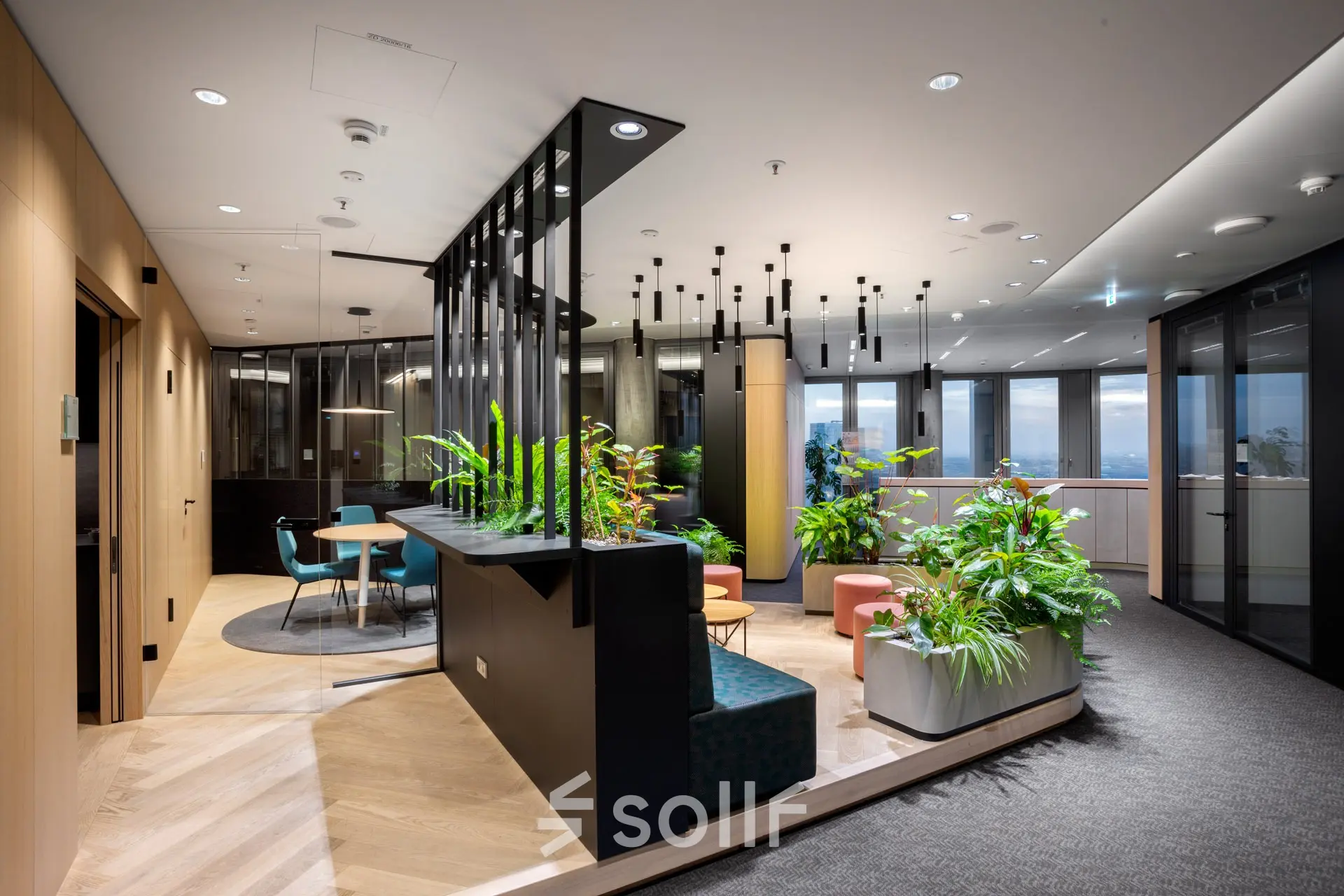 Moderner Büroraum mit stilvollen Möbeln und üppigem Grün in der Junghofstraße 9, ideal zum Büro mieten in Frankfurt Innenstadt.