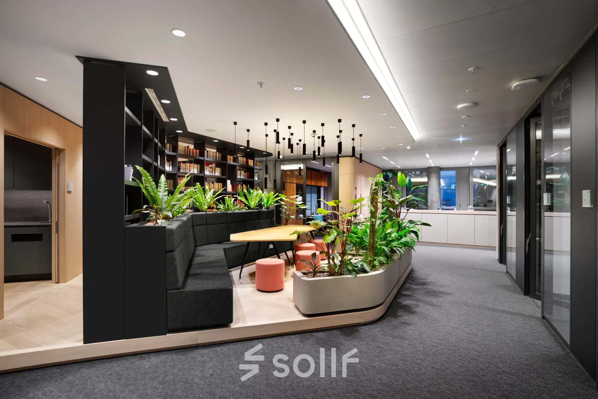 Modern möblierter Büroraum in der Junghofstraße 9, Frankfurt Innenstadt, mit stilvoller Inneneinrichtung und lebendigen Pflanzen. Ideal zum Büro mieten oder Bürofläche mieten.