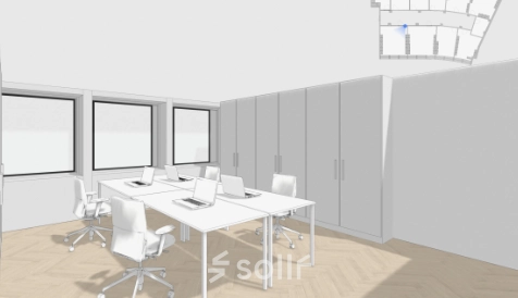 Helles Büro mit vier Schreibtischen und Laptops, Schränke an der Wand, ideal zum Büro mieten in Zürich City, Nüschelerstrasse 31.