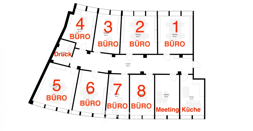 Grundriss mit mehreren Büroräumen zur Miete in der Nüschelerstrasse 31, Zürich City, ideal zur Bürofläche Mieten.