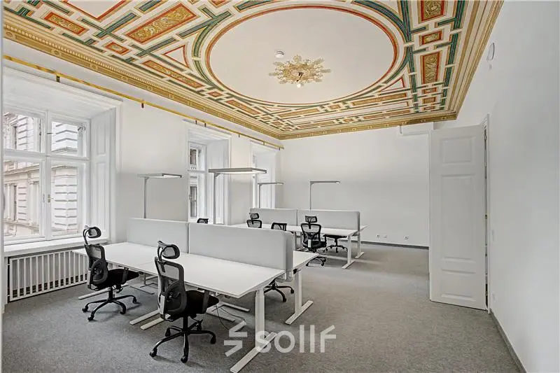 Bright office space for rent at Wollzeile 11, 1010 Vienna Center, featuring modern workstations and an ornate ceiling.