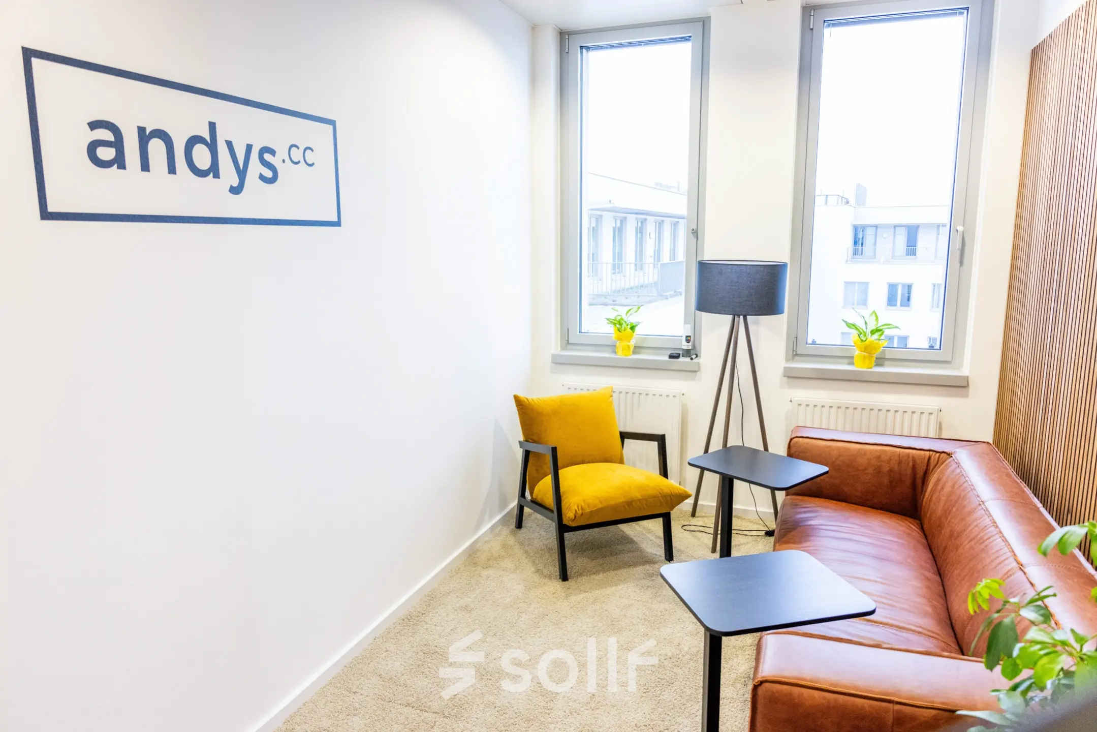 Bright office space with a cozy seating area, featuring a couch, two chairs, and potted plants near the windows at Schönbrunner Strasse 230, 1120 Vienna (Meidling).