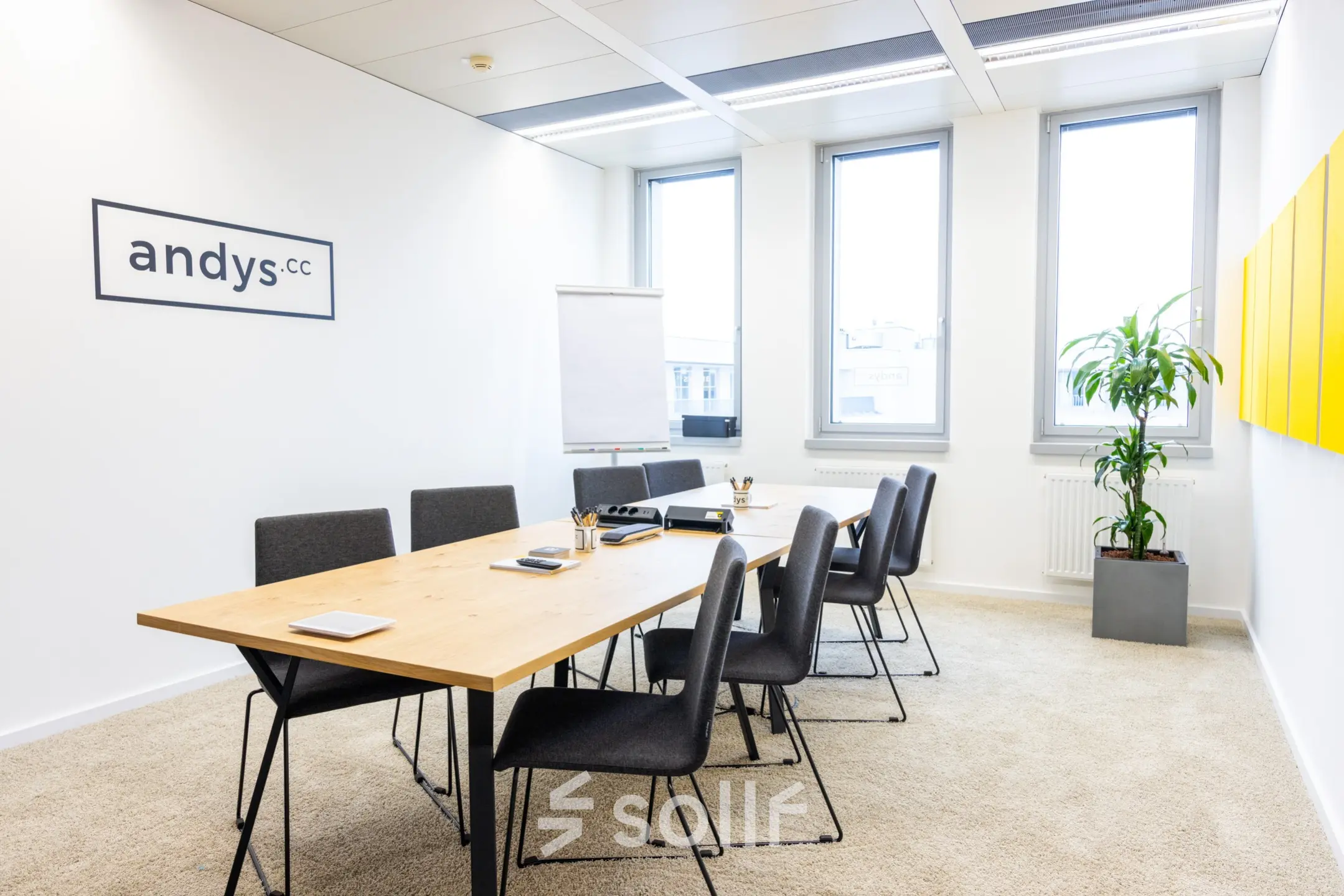 A modern office meeting room with a long wooden table surrounded by chairs, whiteboard, and potted plant. Bright windows provide natural light, ideal for office space rental.
