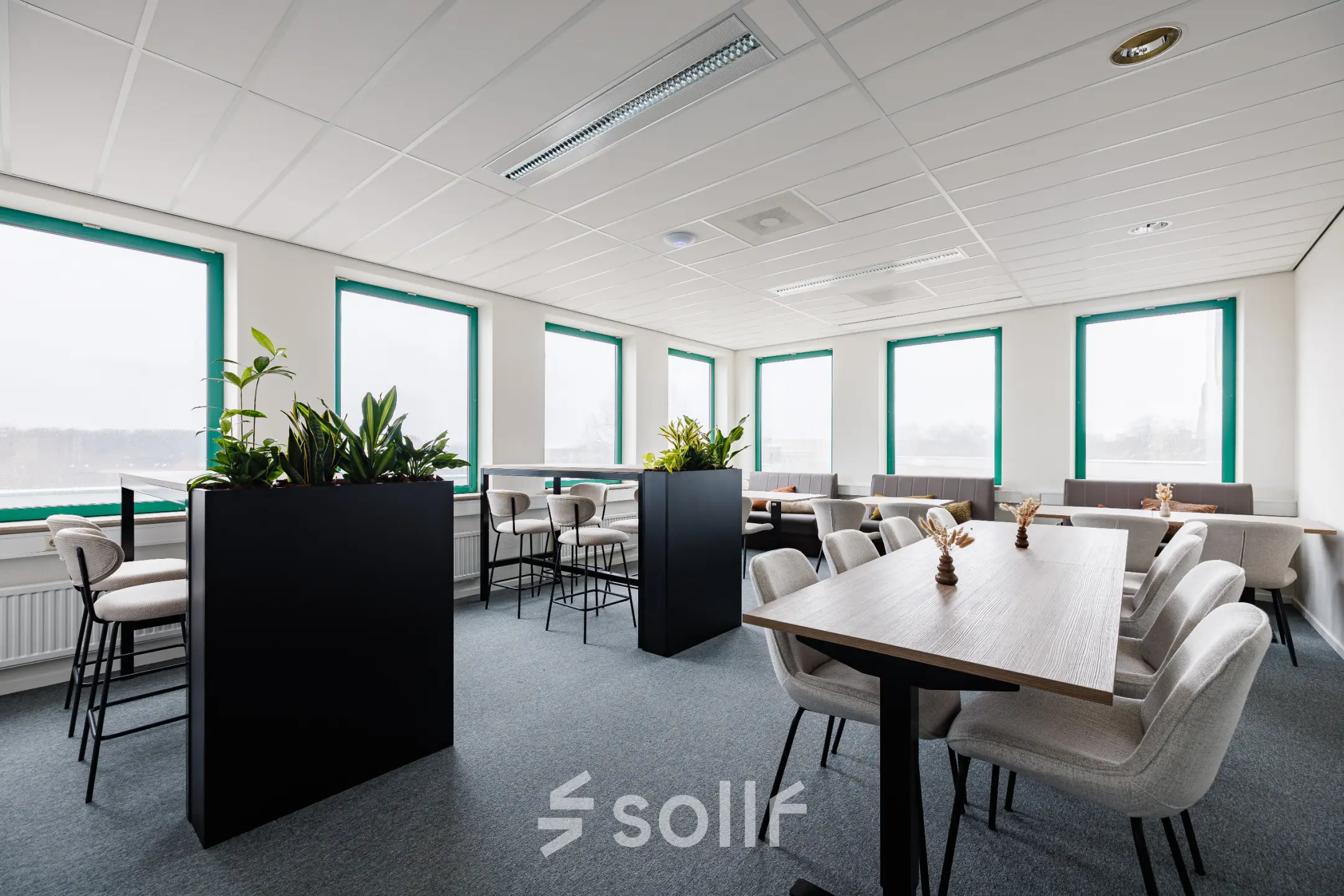 Spacious, well-lit office space at Stadsring 201, Amersfoort Centrum, available for rent with modern furniture and large windows.
