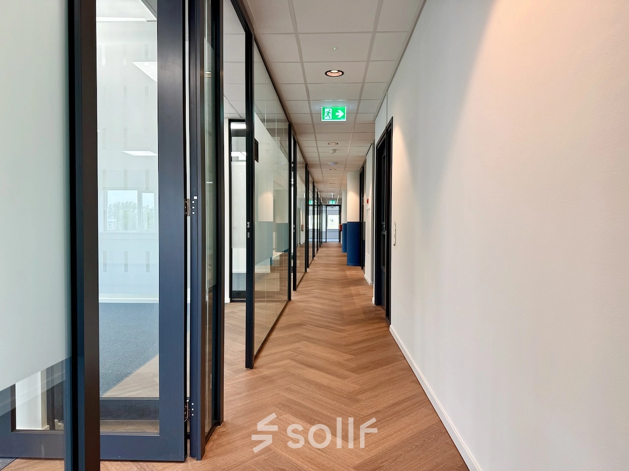 Bright hallway with glass doors and wooden flooring at an office space rental in Amstelveen.