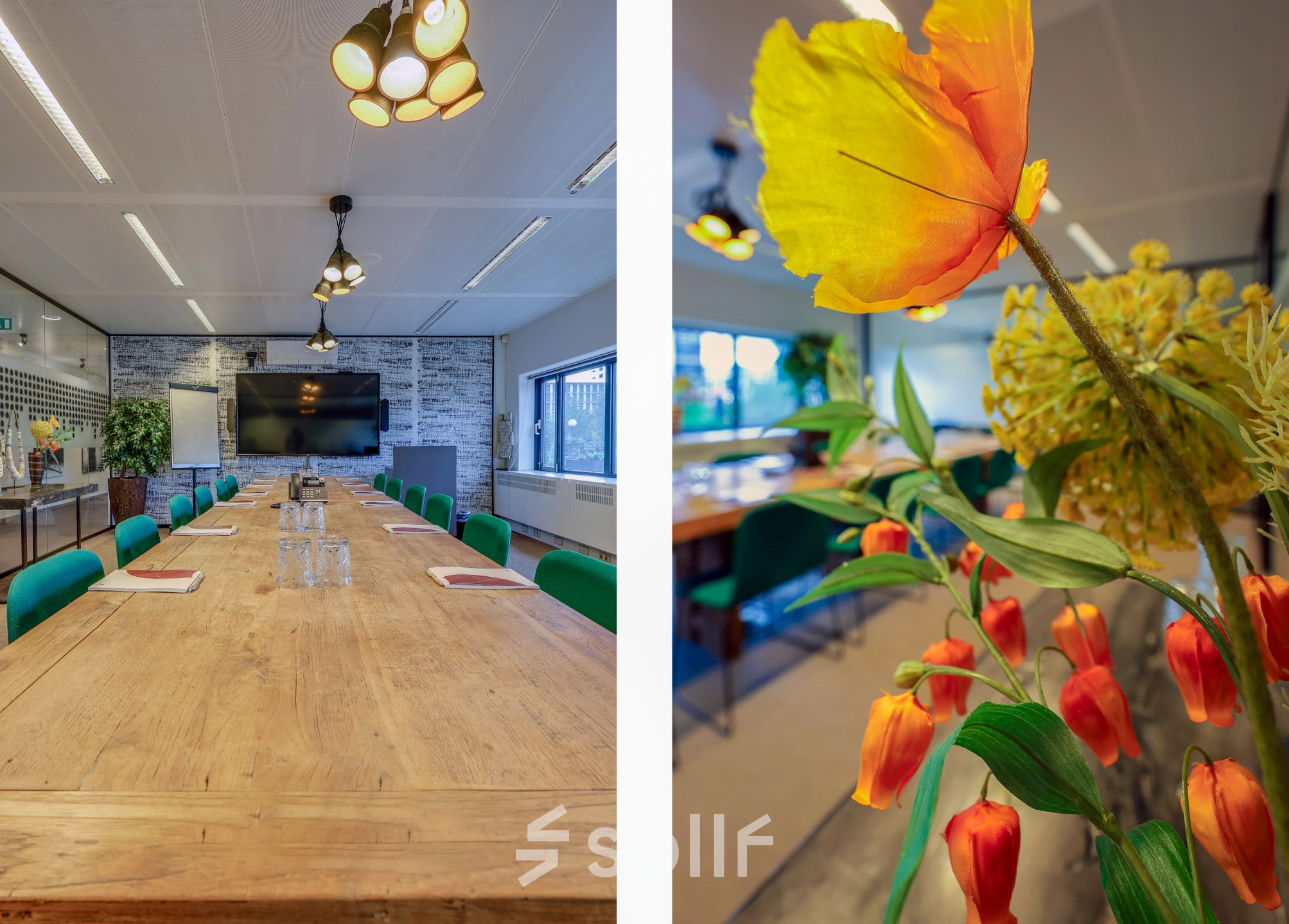 Spacious and well-lit conference room at Prins Bernhardplein 200, Amsterdam Amstel, perfect for rent office space, featuring a large wooden table surrounded by comfortable chairs and modern decor.