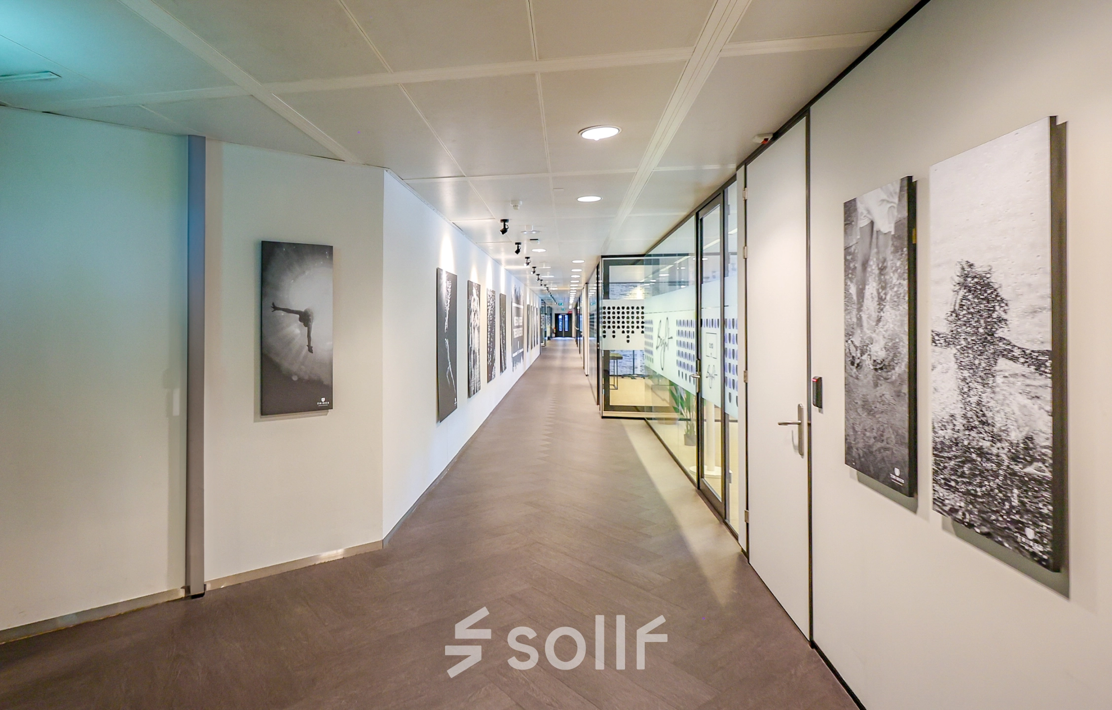 A modern hallway at Prins Bernhardplein 200, Amsterdam Amstel, features artistic decor and glass-walled office space rental on the side.