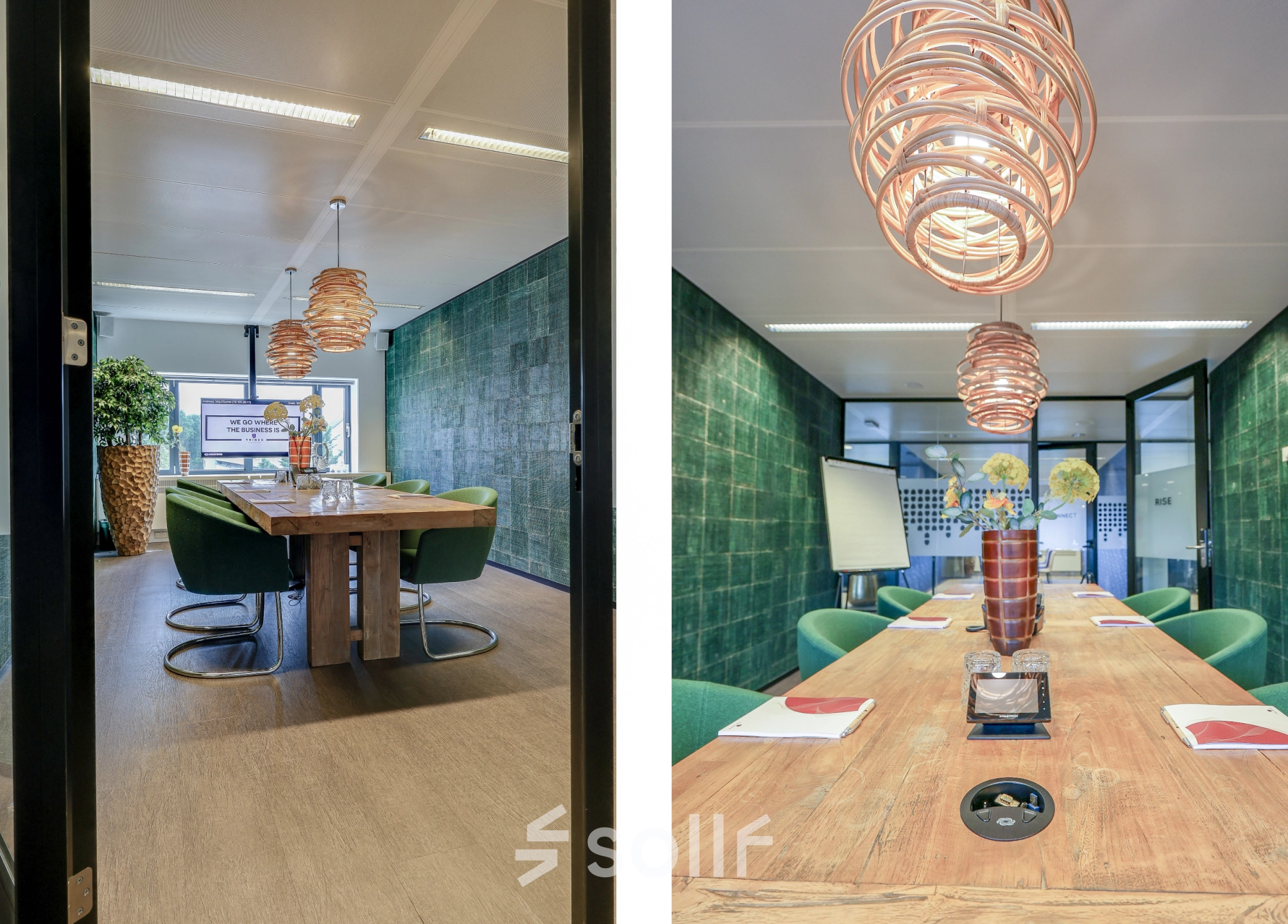 Inviting office space with a large wooden table, green chairs, and modern lighting at Prins Bernhardplein 200, Amsterdam Amstel, perfect for office space rental.