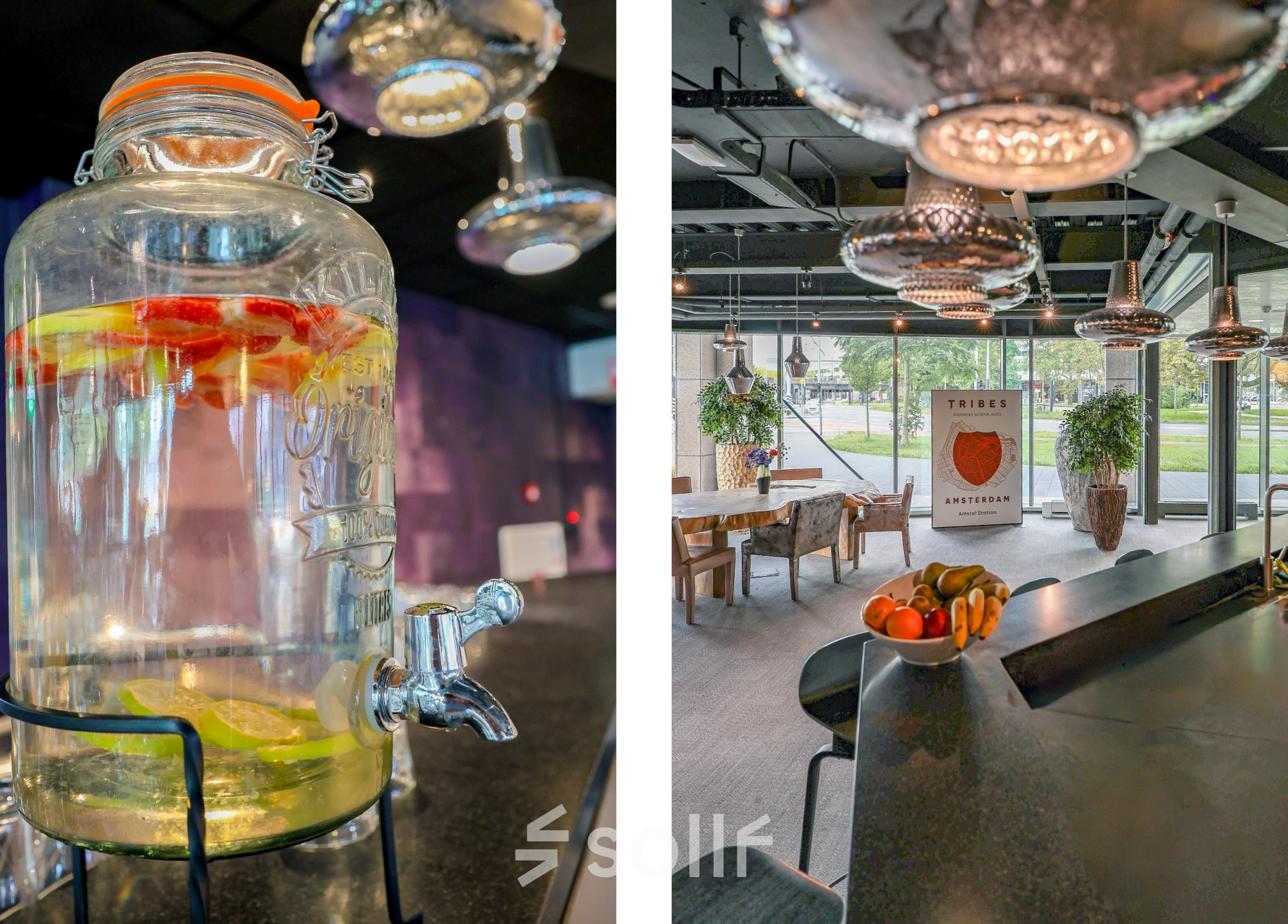 Modern office to rent at Prins Bernhardplein 200, Amsterdam Amstel, featuring a stylish meeting area with a view of the outdoors and a refreshing water station.