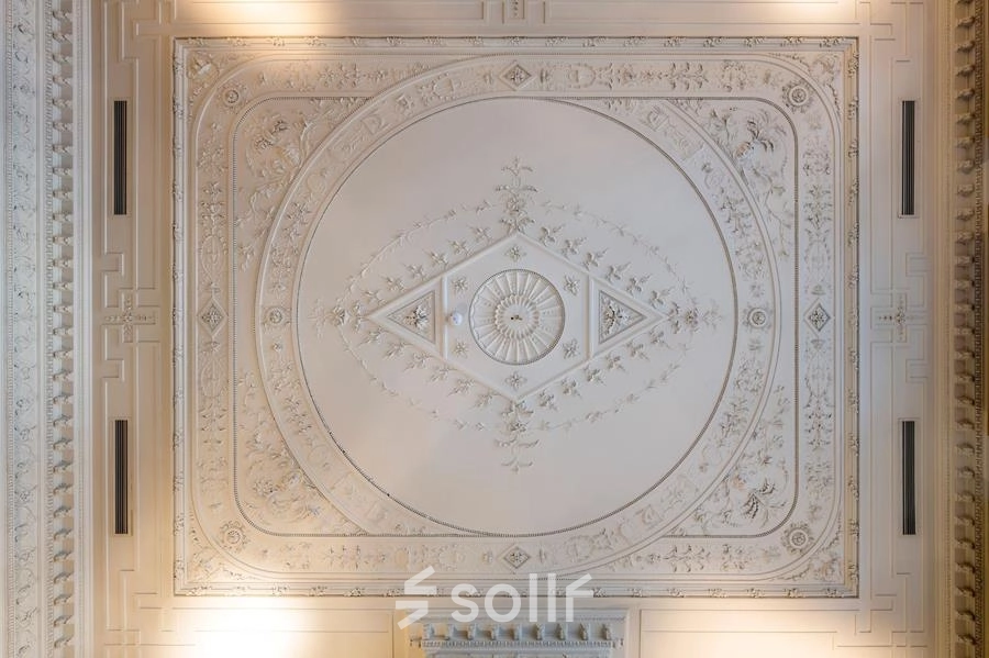 Elegant ceiling detail in an office space at Herengracht 582-584, located in Amsterdam Canal Belt, showcasing intricate moldings ideal for office space rental.