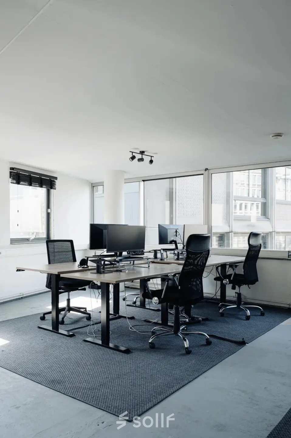 Modern office space with desks and ergonomic chairs, featuring large windows providing ample natural light.