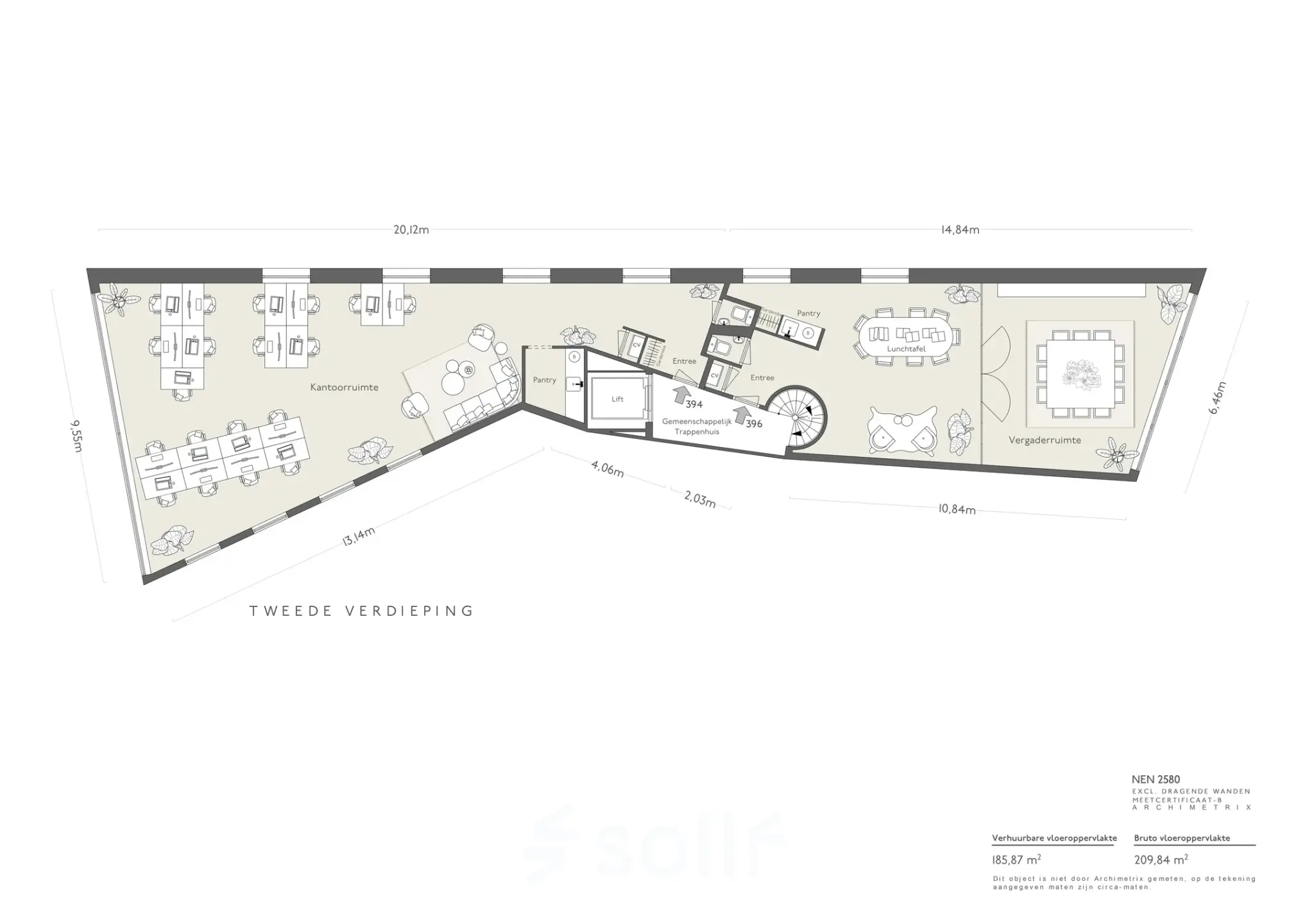 Floor plan of an office space rental at Weesperstraat 394-396, Amsterdam Canal Belt, showing open workspaces, conference room, and lounge area.