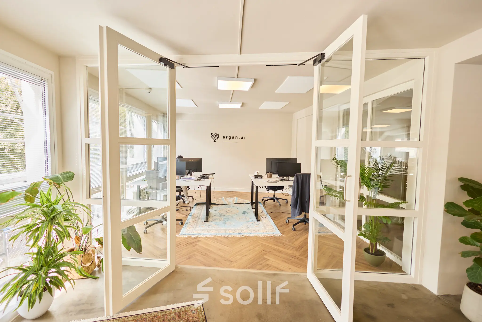 Bright office space at Kleine Gartmanplantsoen 21, Amsterdam Center, featuring glass doors and modern furnishings. Ideal for office space rental with plants enhancing the workspace ambiance.