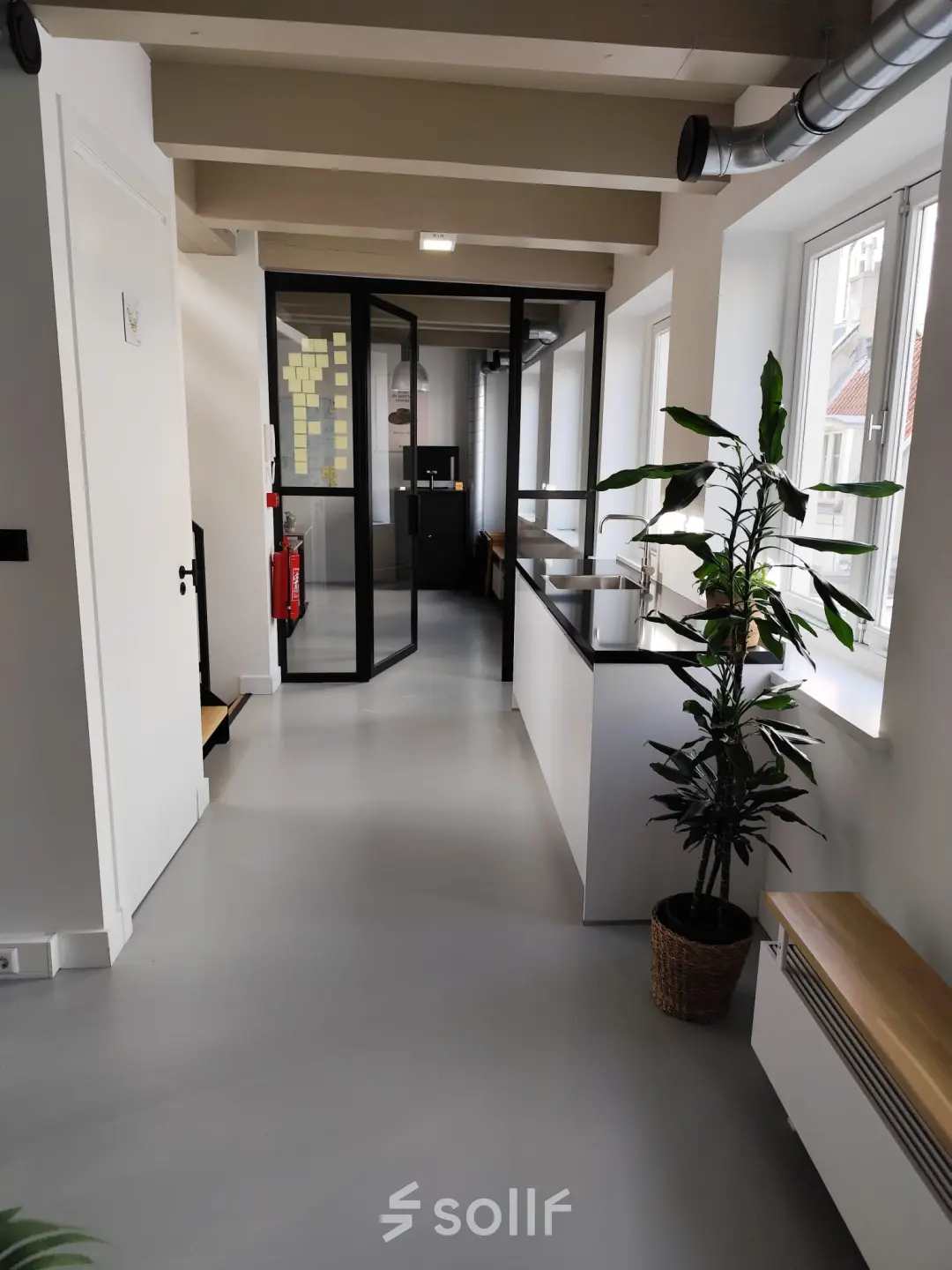 Modern office space at Kloveniersburgwal 131K, Amsterdam Center, featuring sleek decor with large windows and potted plants, suitable for office space rental.