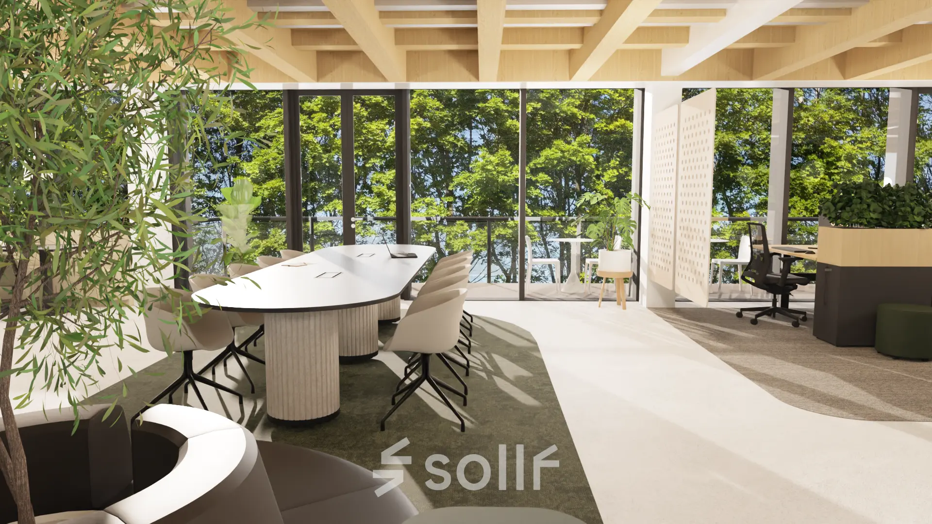 Bright office space at Pieter Cornelisz. Hooftstraat 7, Amsterdam Center, featuring modern furnishings and large windows with greenery views, ideal for office space rental.