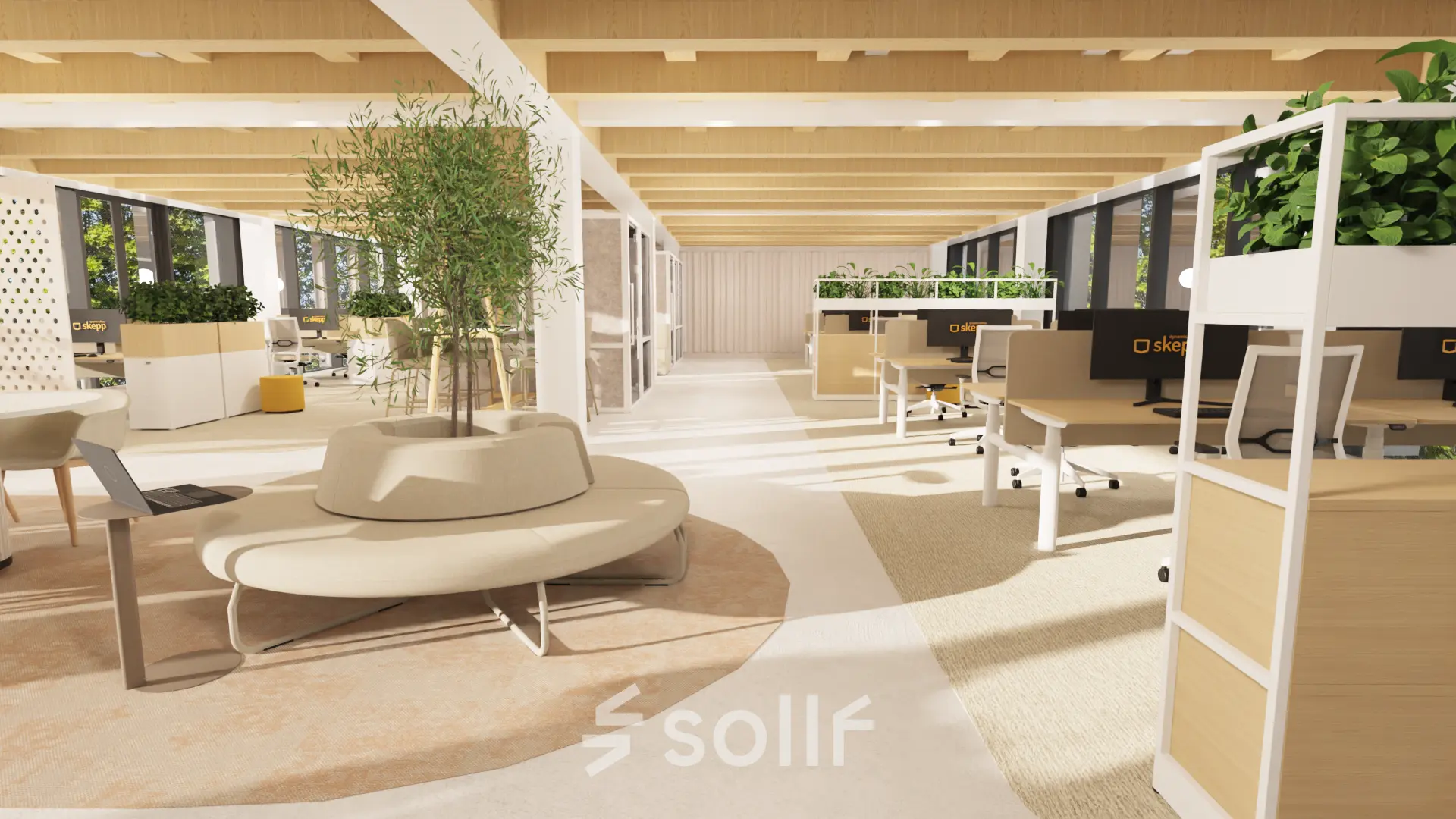 Bright and spacious office space rental with modern furnishings, greenery, and ample seating at Pieter Cornelisz. Hooftstraat 7, Amsterdam Center, ideal for businesses looking for an inviting office to rent.