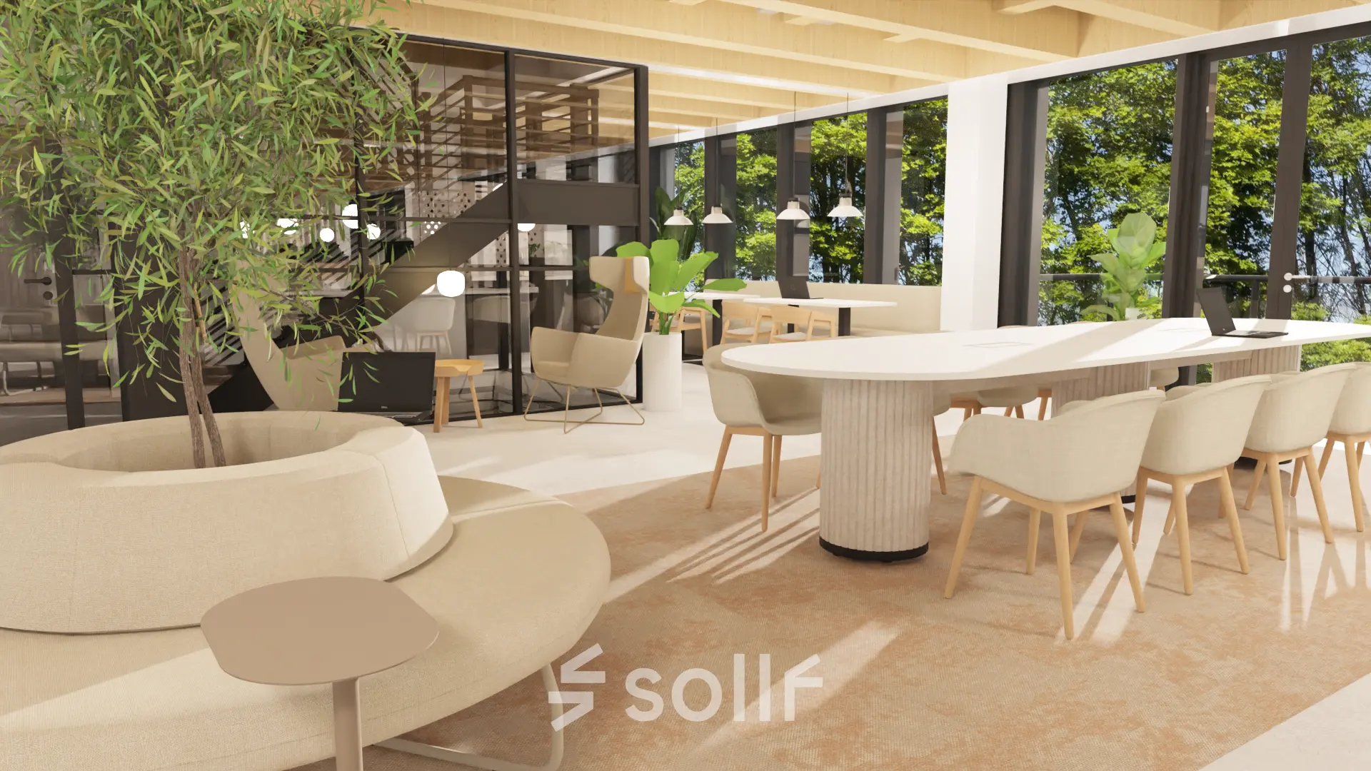 Bright, open office space rental at Pieter Cornelisz. Hooftstraat 7, Amsterdam Center, featuring modern furnishings and large windows.