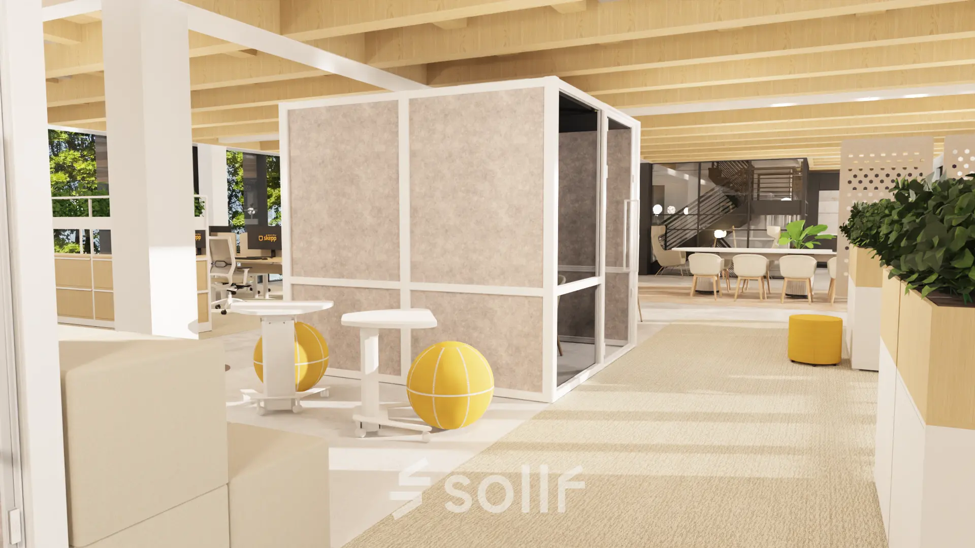 Modern office interior at Pieter Cornelisz. Hooftstraat 7, Amsterdam Center, featuring open-plan workspaces with bright furniture and natural light, ideal for office space rental.