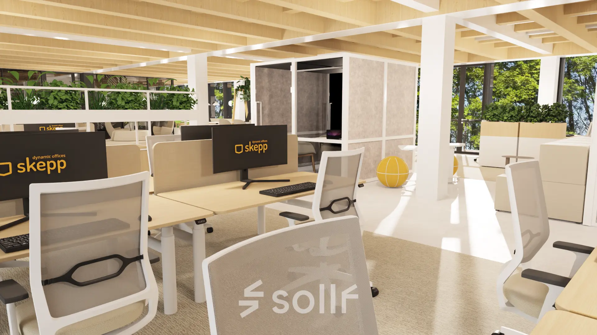 Modern office space with furnished workstations, featuring desks, chairs, and computer screens, available for rent at Pieter Cornelisz. Hooftstraat 7, Amsterdam Center.