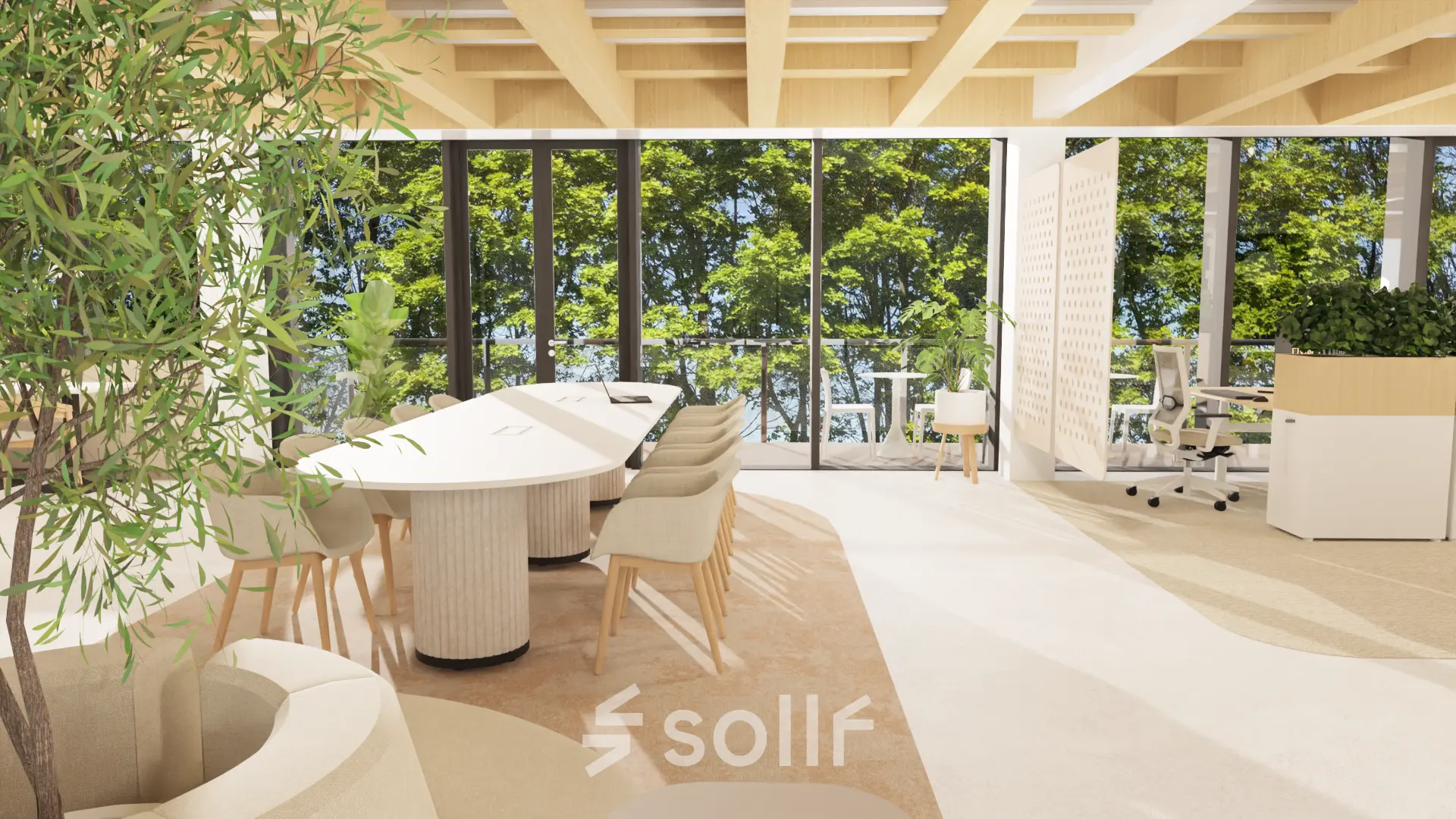 Bright and modern office space in Amsterdam Center with large windows, elegant furniture, and lush greenery views, ideal for rent office space or office space rental opportunities.