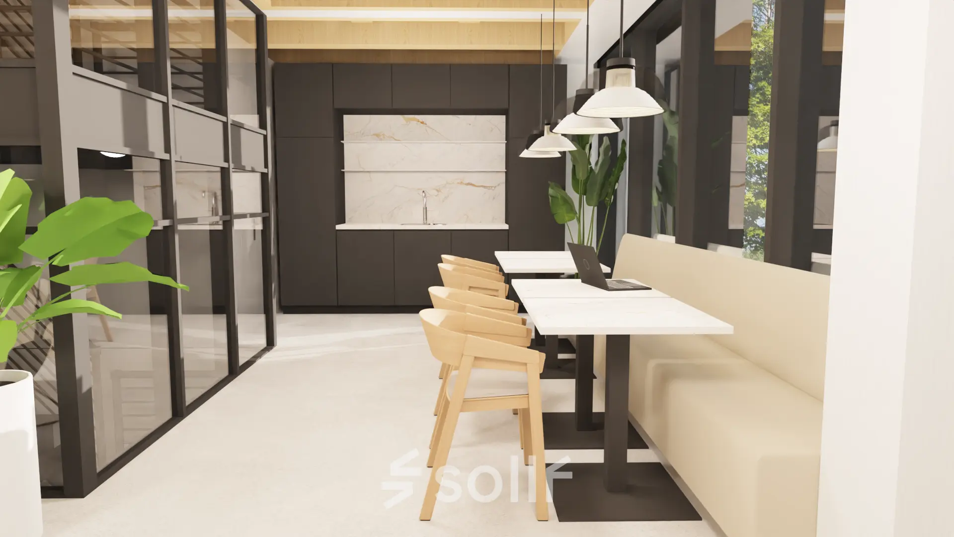 Modern office space to rent at Pieter Cornelisz. Hooftstraat 7, Amsterdam Center, featuring sleek furnishings and ample lighting for a productive work environment.
