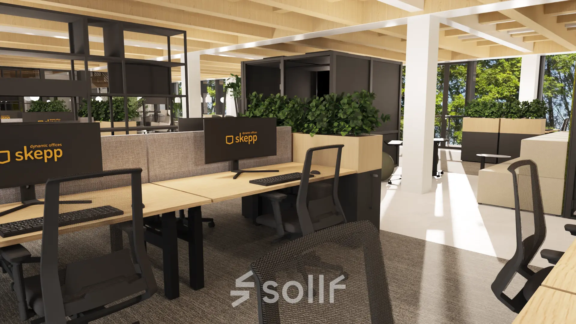Modern office space in Amsterdam Center featuring open workstations with sleek chairs and monitors, ideal for office space rental. Natural light streams through large windows overlooking greenery.