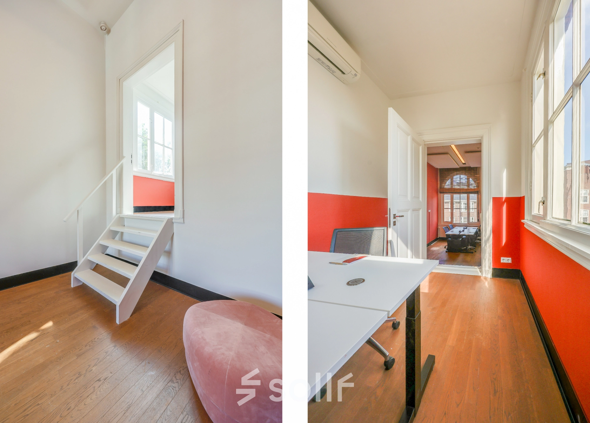 Office space at Raamplein 1 in Amsterdam Center featuring a desk and chair, ideal for office space rental with natural light and a vibrant atmosphere.