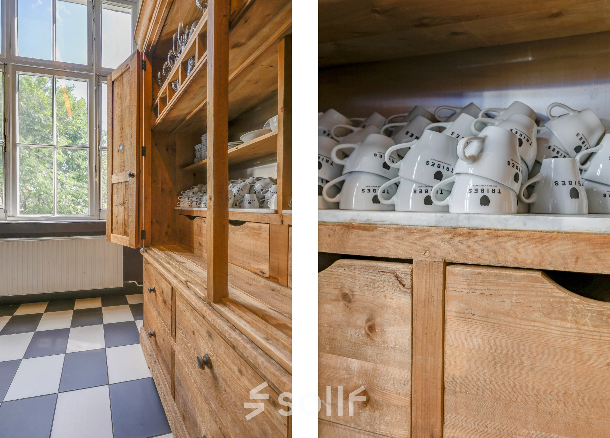 Bright interior with wooden cabinets and abundant mugs at a rental office space in Amsterdam Center's Raamplein 1.