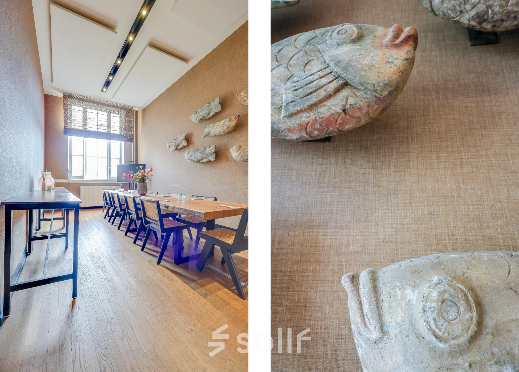 Rent office space at Raamplein 1, Amsterdam Center featuring a furnished, long meeting table with chairs and decorative wall art.
