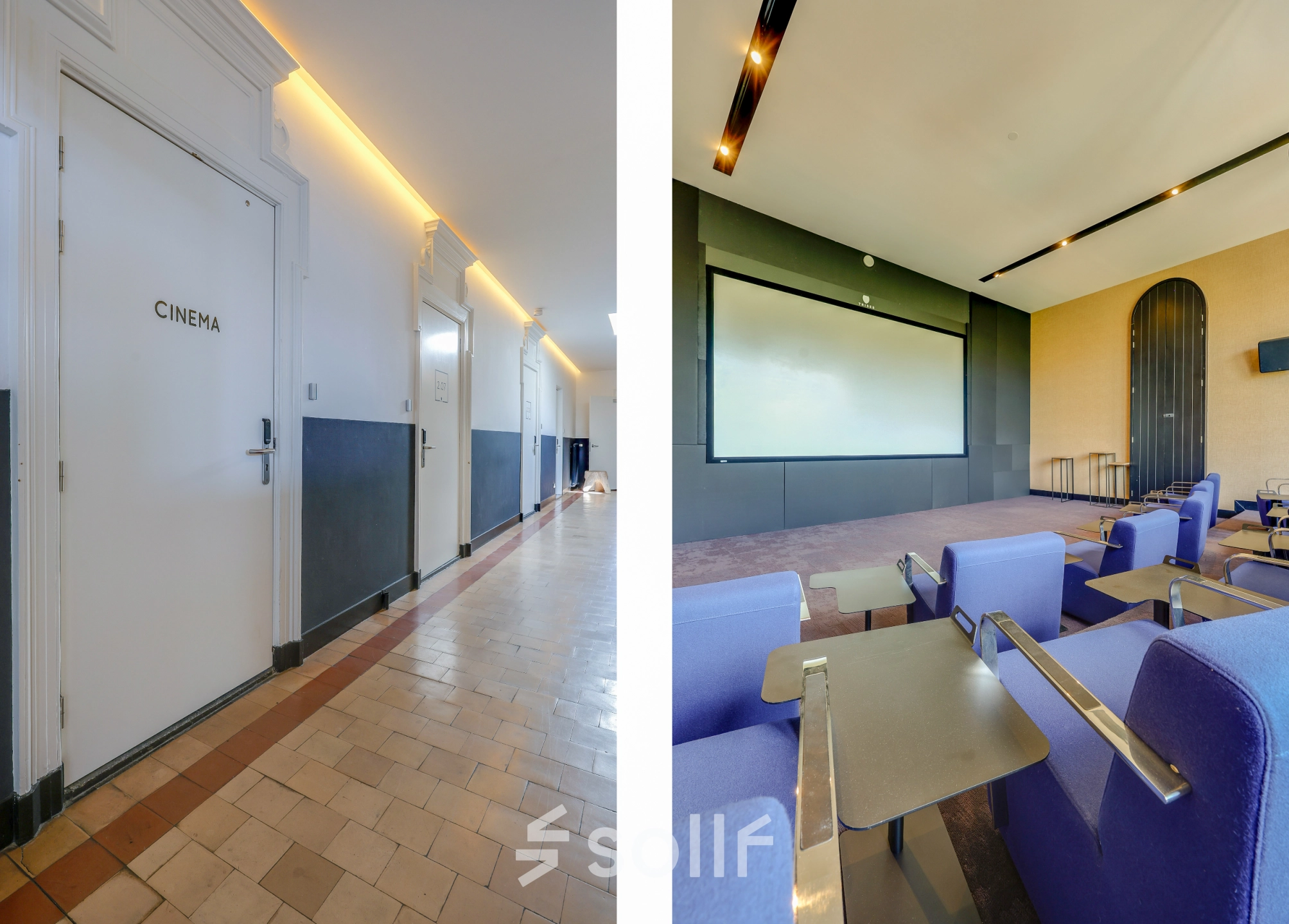 A cinema room with blue chairs and a large screen in an office space available for rent at Raamplein 1, Amsterdam Center.