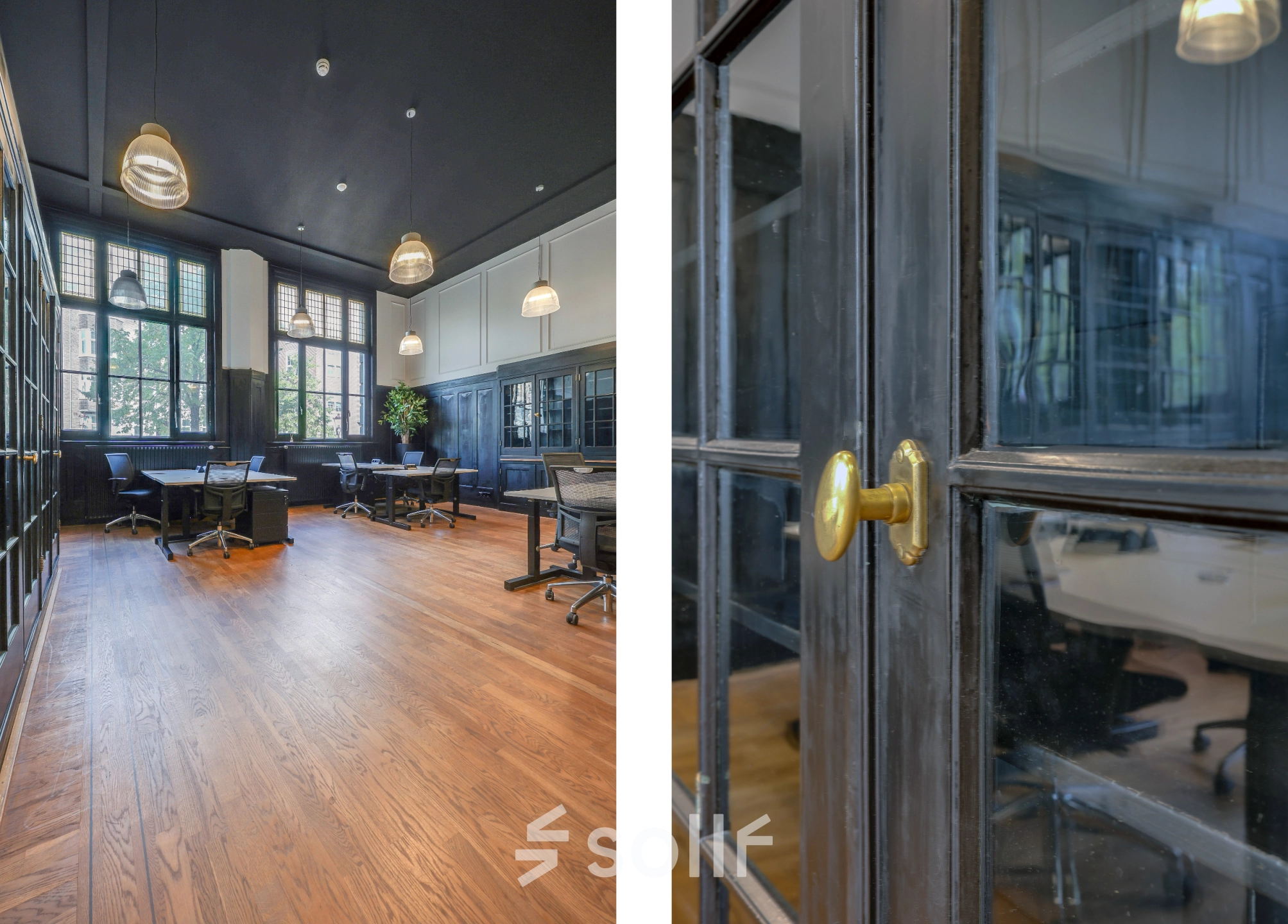 Spacious and stylish office at Raamplein 1, Amsterdam Center, with wooden flooring and modern lighting. Ideal for rent office space with multiple desks and chairs arranged for work.