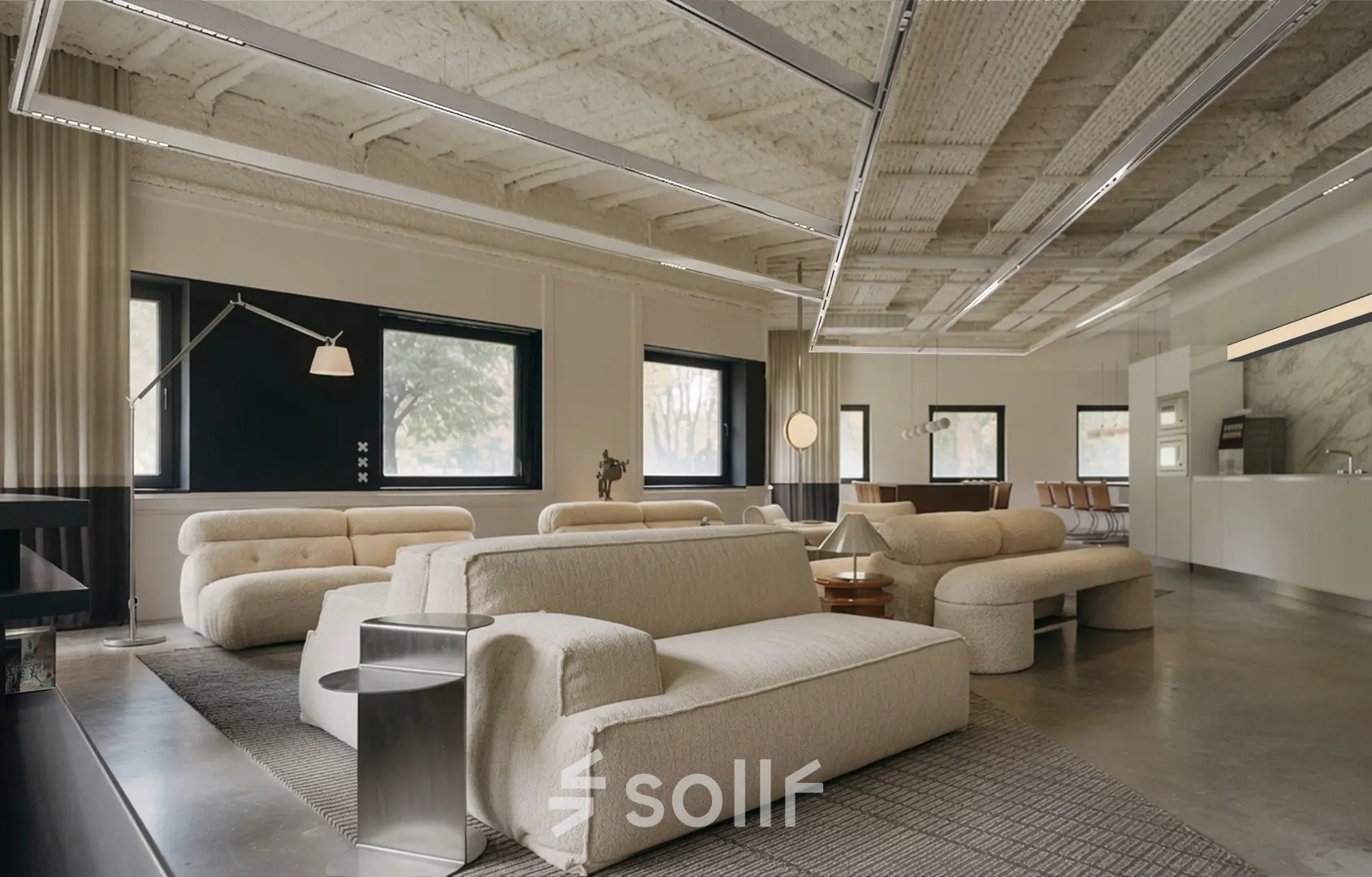 Spacious, modern office space at Weteringschans 126, Amsterdam Center, featuring comfortable seating and a sleek design, available for rent.