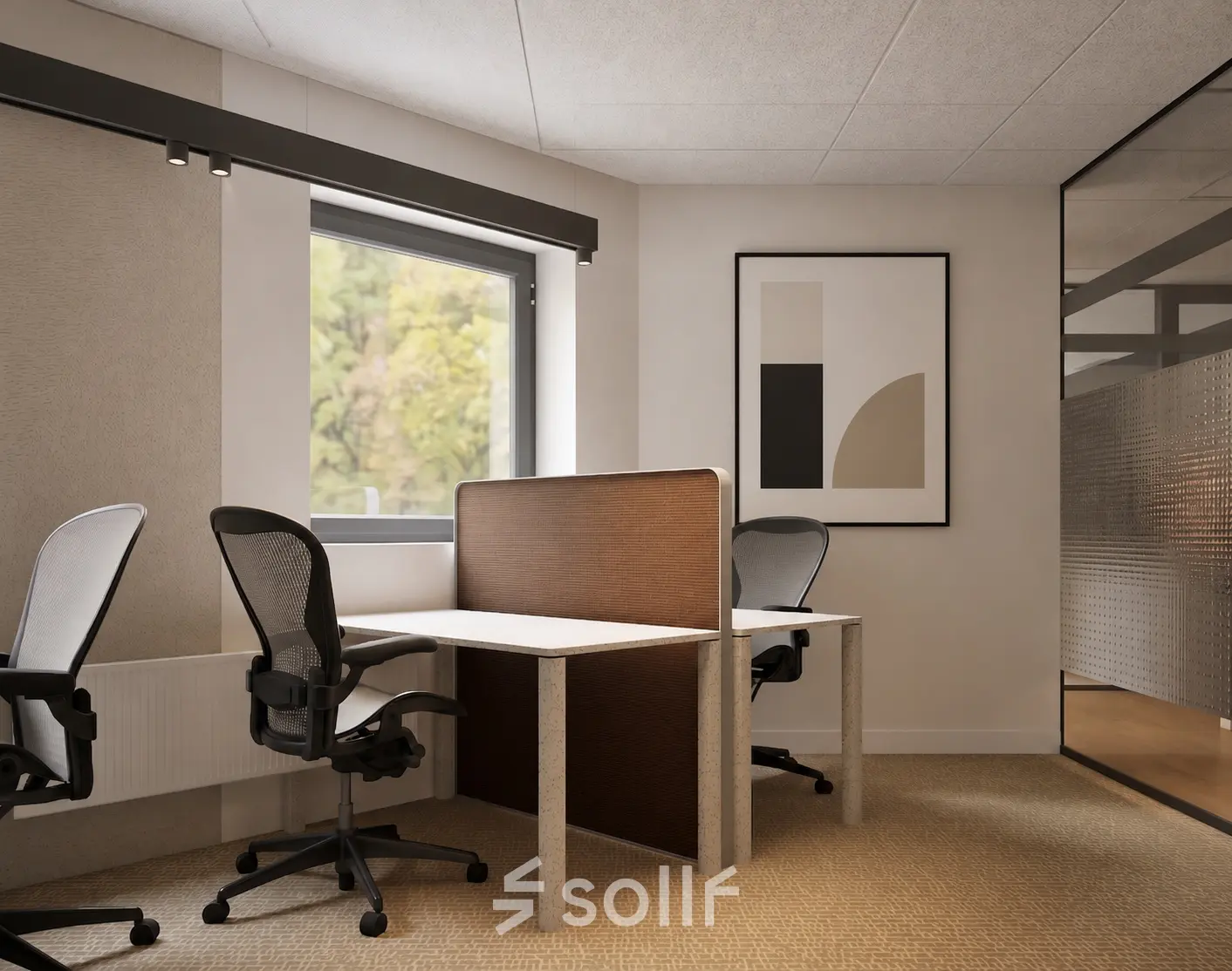 Bright Amsterdam office space with two sleek desks and modern chairs, ideal for anyone wishing to rent office space. Natural light filters through the large window.