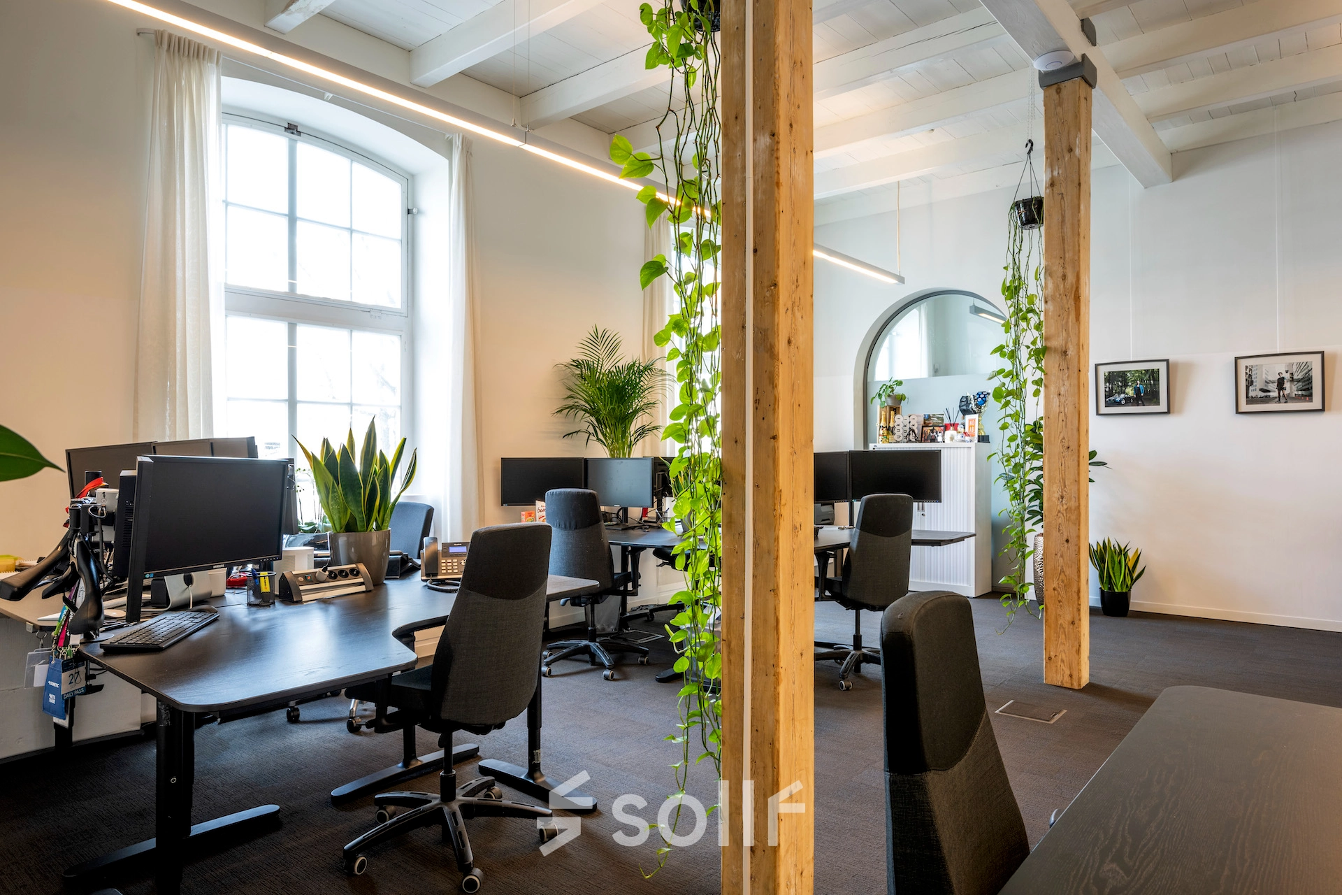 Bright office space in Amsterdam East with multiple desks, plants, and monitors, ideal for rent office space or office space rental.