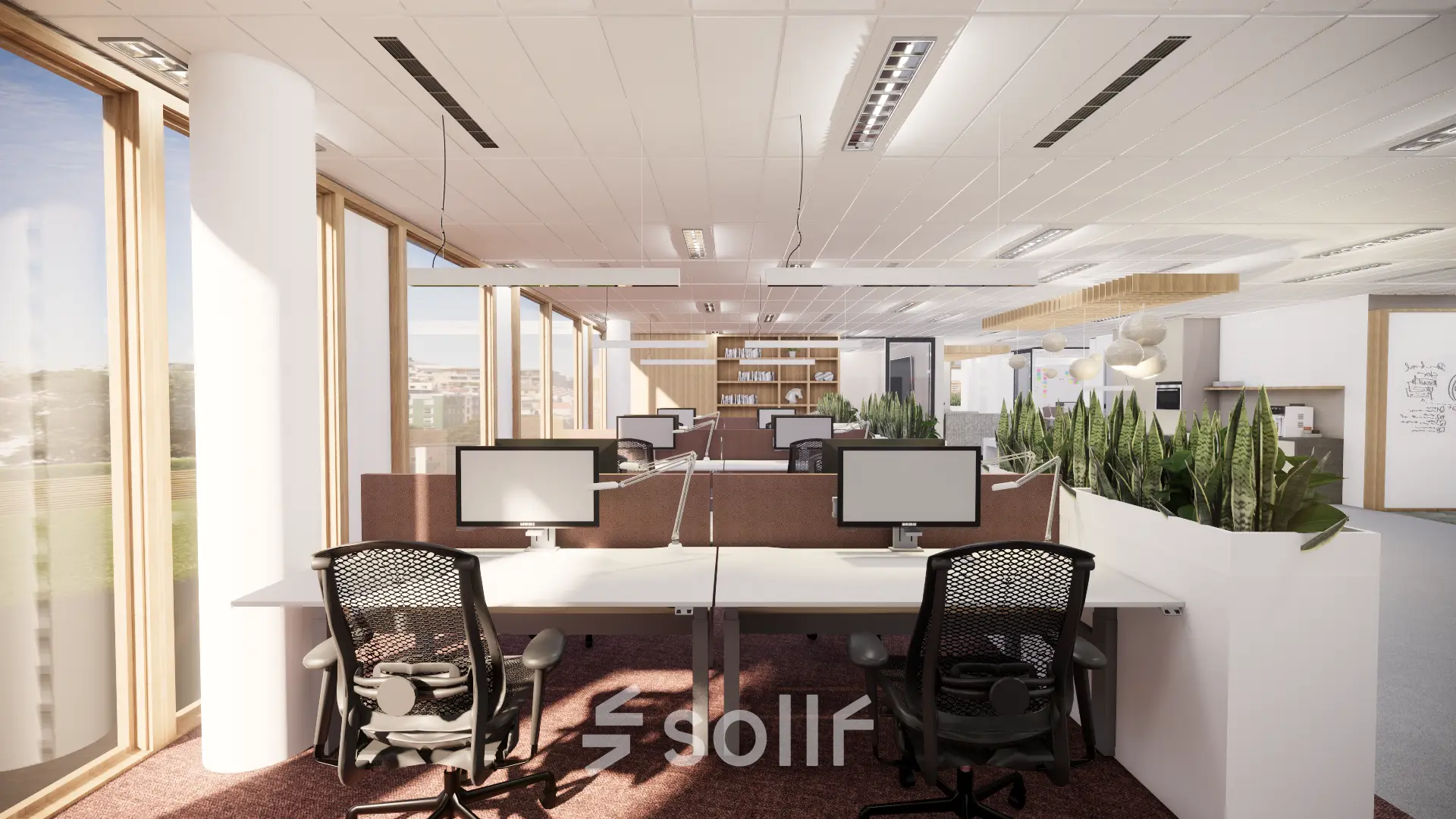 Bright Amsterdam IJburg office space with workstations and natural light. Ideal for office space rental. Features modern desks, chairs, and plants, offering a professional atmosphere.