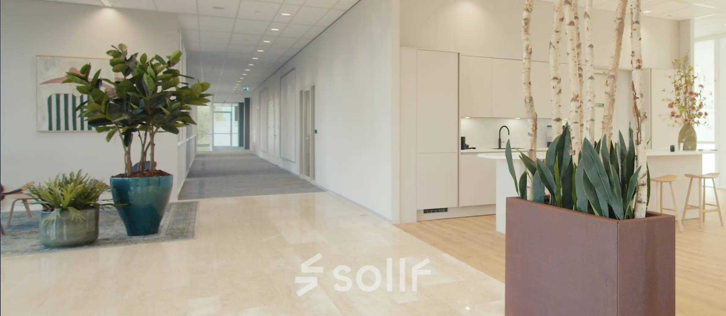 Bright and modern office to rent in Amsterdam Riekerpolder with stylish plants and a tidy kitchenette. Ideal for office space rental needs.