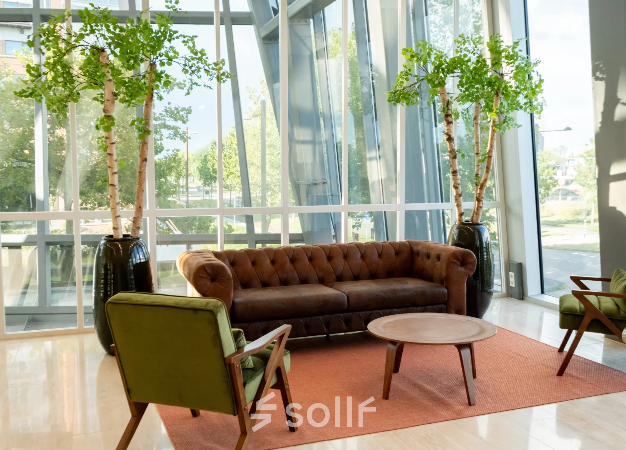 Lounge area with a brown sofa and green chairs at an office to rent in Amsterdam Riekerpolder, featuring large windows and potted plants.