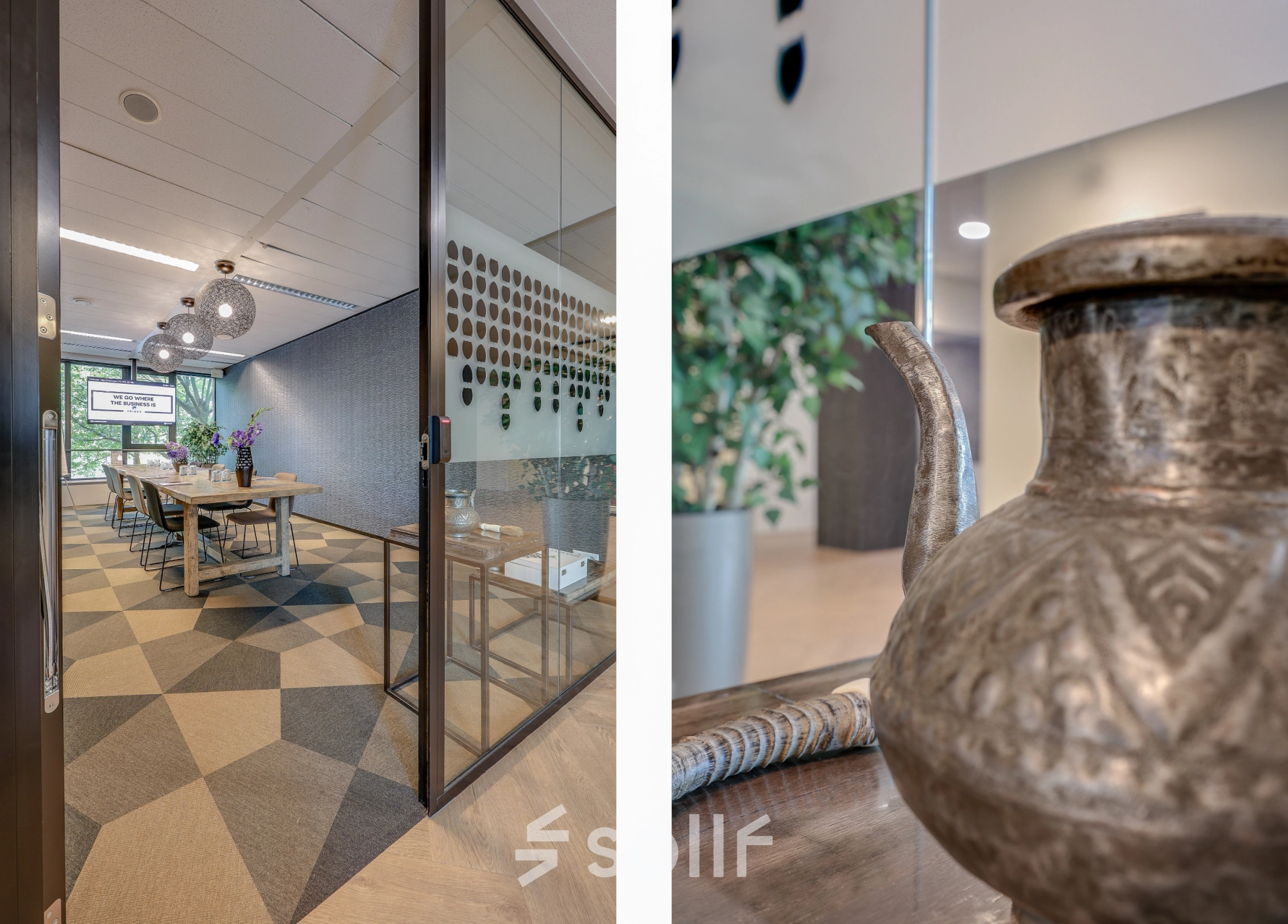 A modern conference room with a large table, stylish lighting, and a decorative pitcher in the foreground, perfect for office space rental in Amsterdam Riekerpolder.