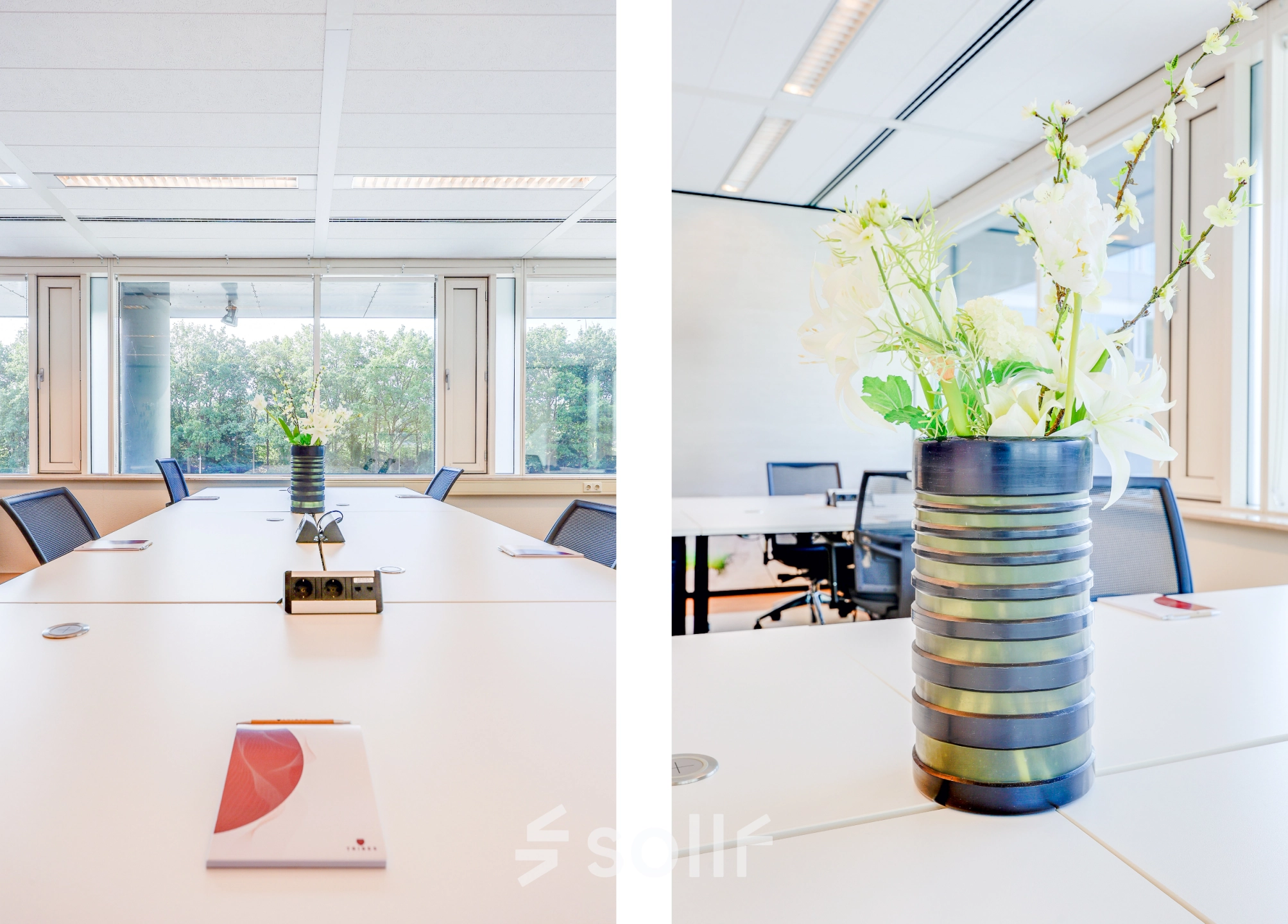 Bright, furnished office space rental at Thomas R. Malthusstraat 1-3, Amsterdam Riekerpolder. Features large windows with ample natural light, modern desks, and decorative touches.