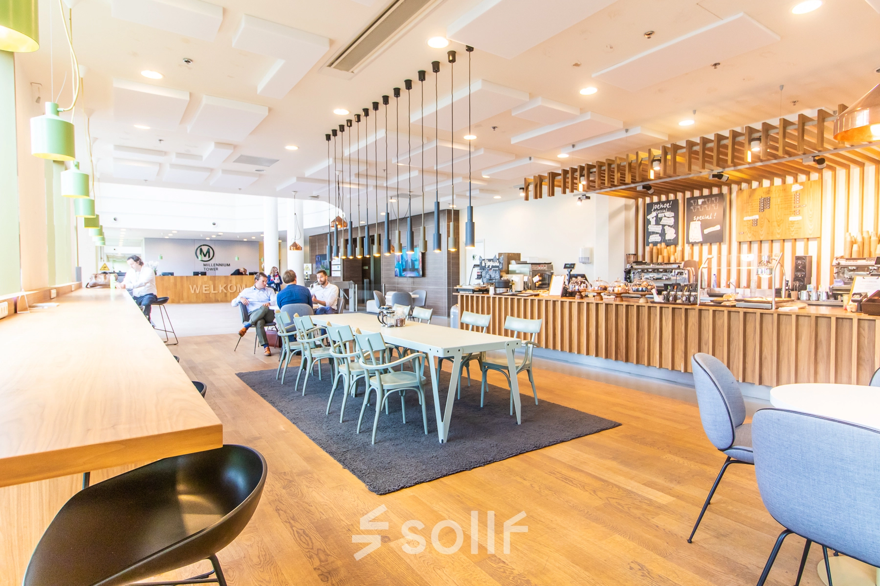 Bright workspace at Radarweg 29, Amsterdam Sloterdijk, featuring a modern interior with communal seating, ideal for those seeking office space rental.