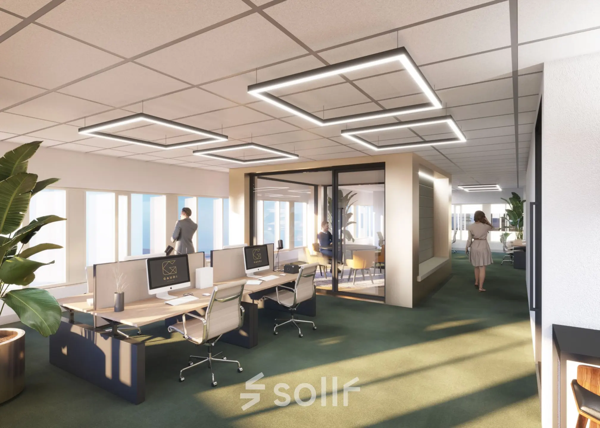 Modern office space at Herikerbergweg 290, Amsterdam South East, featuring workstations and a meeting room with people engaged in business activities.