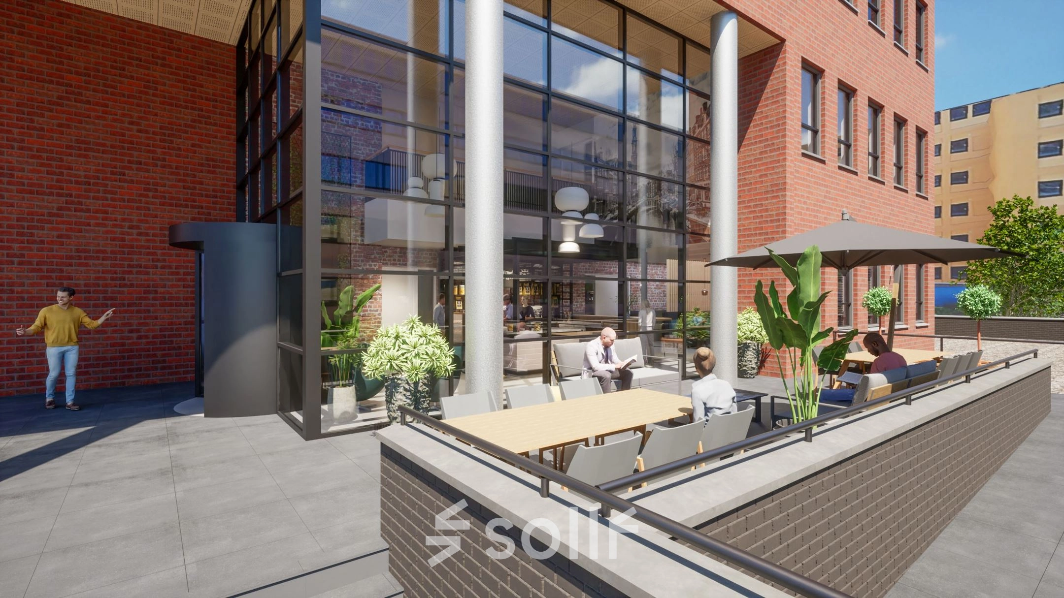 Outdoor seating area at Hogehilweg 24, Amsterdam South East with people meeting and discussing business activities. The modern office exterior features glass and red brick architecture.
