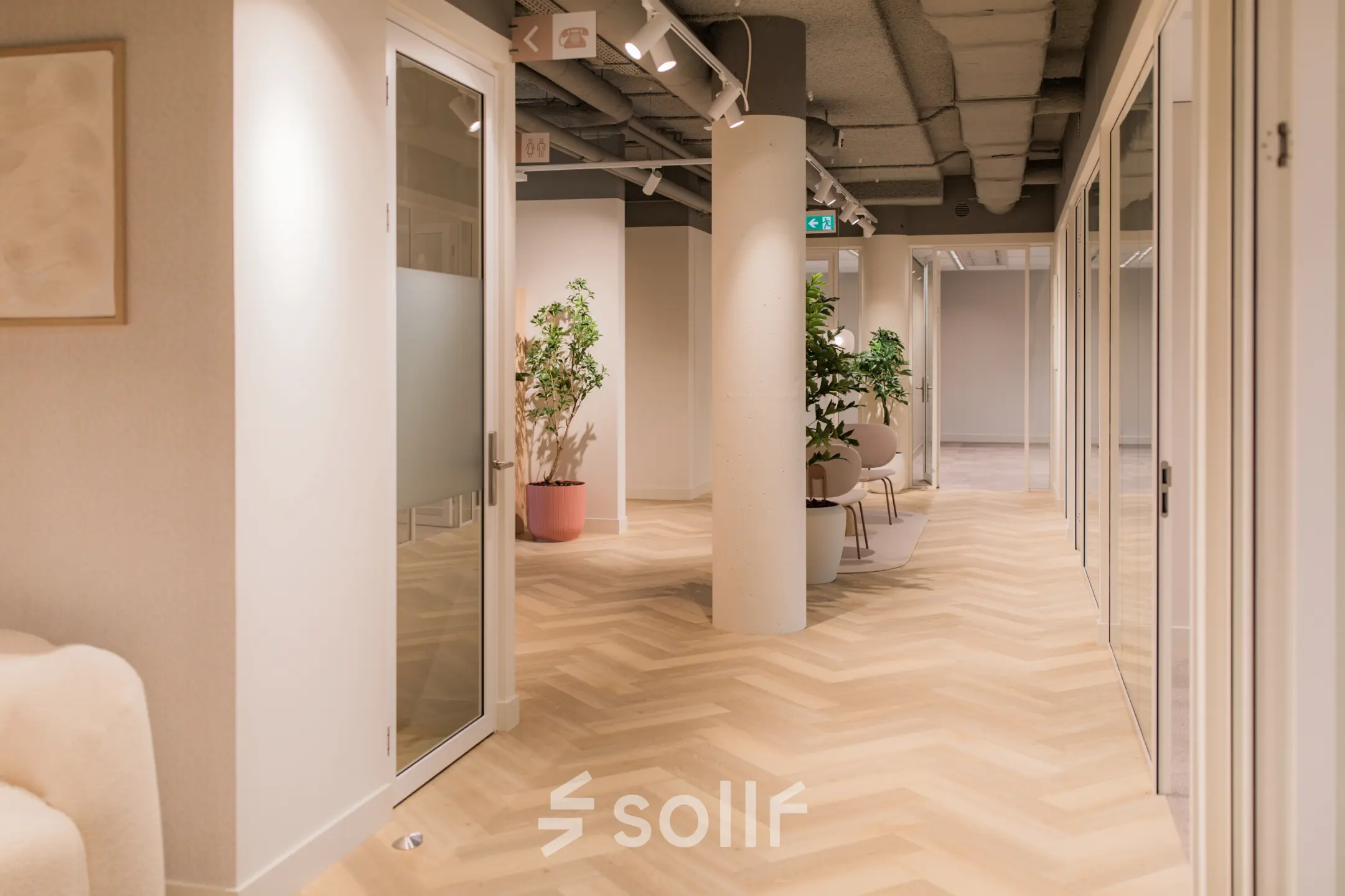 Interior view of a modern office space at Hullenbergweg 109-135, Amsterdam South East, showcasing a clean corridor with glass doors and potted plants, available for office space rental.