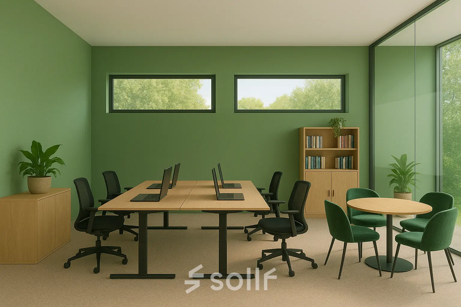 Furnished office interior at Johan Cruijff Boulevard 89, Amsterdam South East, featuring workspaces with desks, chairs, and a small meeting table. Ideal for office space rental.