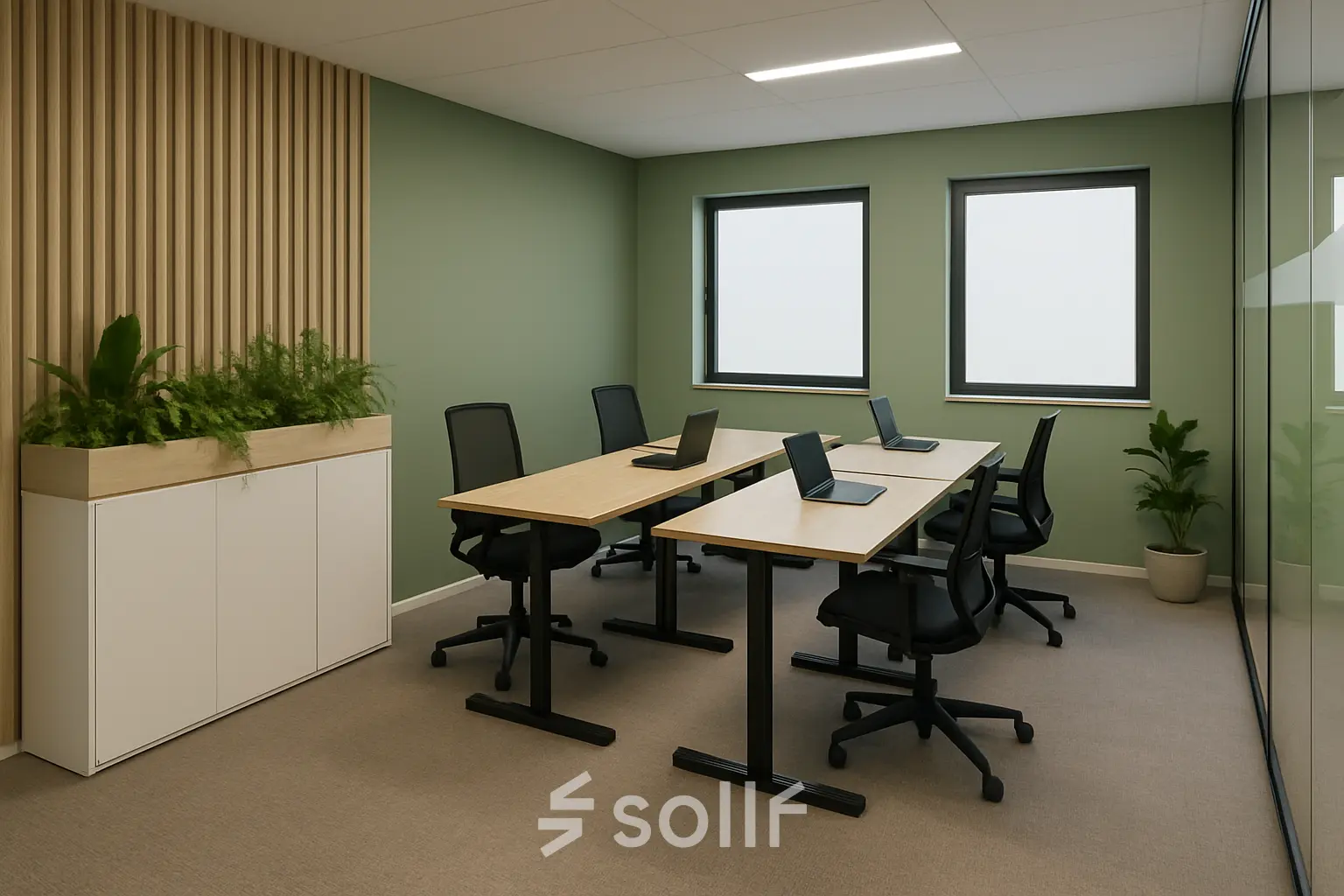 Bright furnished office space at Johan Cruijff Boulevard 89, Amsterdam South East available for rent, featuring desks with laptops, chairs, and indoor plants.