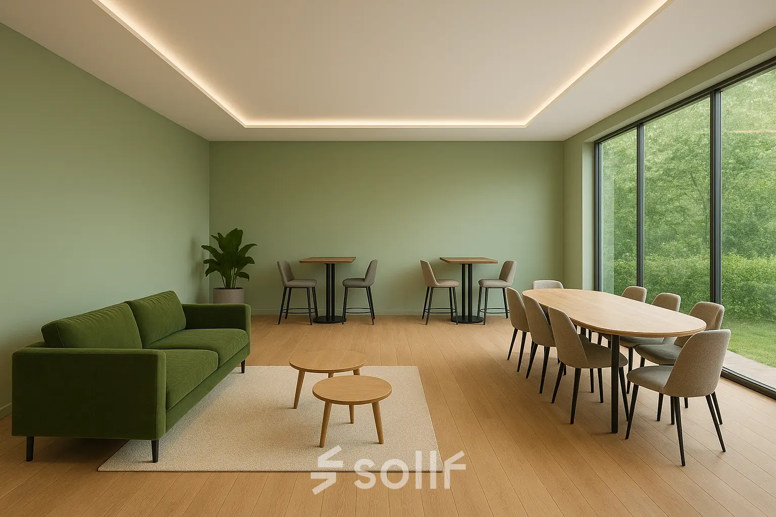 Spacious office interior at Johan Cruijff Boulevard 89, Amsterdam South East, featuring modern furniture including a green sofa and tables, ideal for office space rental.