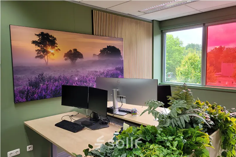 Furnished office space with large windows and plant decor at Johan Cruijff Boulevard 89, ideal for rent office space in Amsterdam South East.